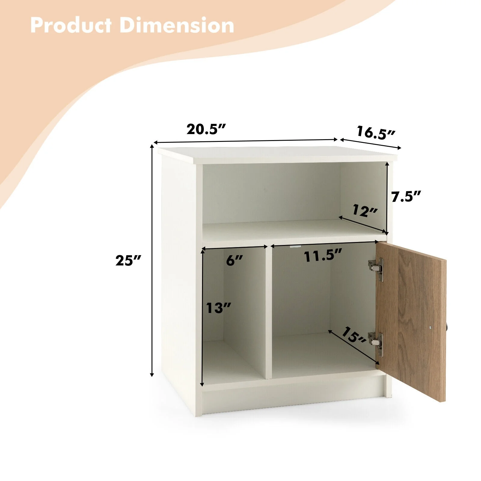 25 Inch Nightstand With Door, 2 Open Shelves, White - Image 5