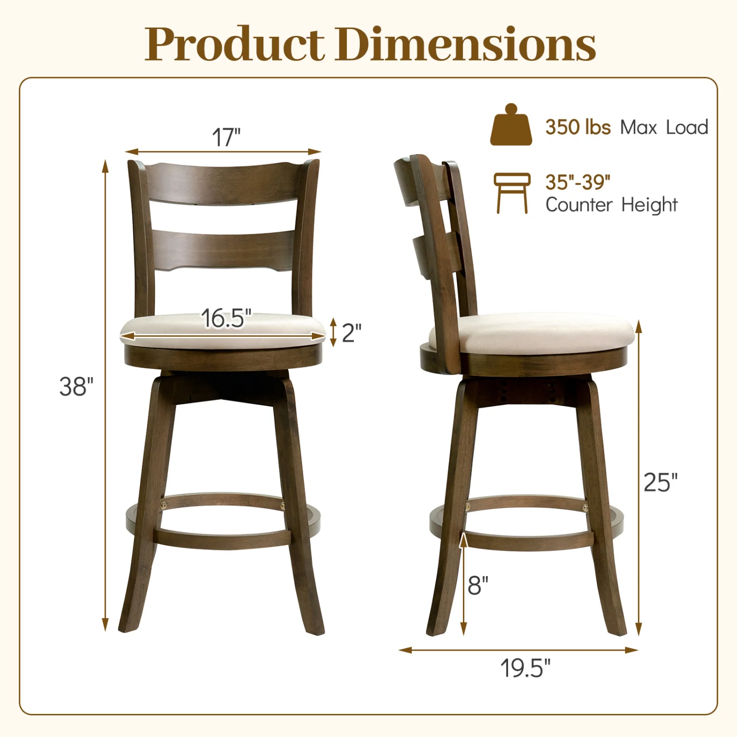 25 Inch Swivel Counter Barstools with Backrest & Upholstered Seat-Set of 4, Taupe - Image 5