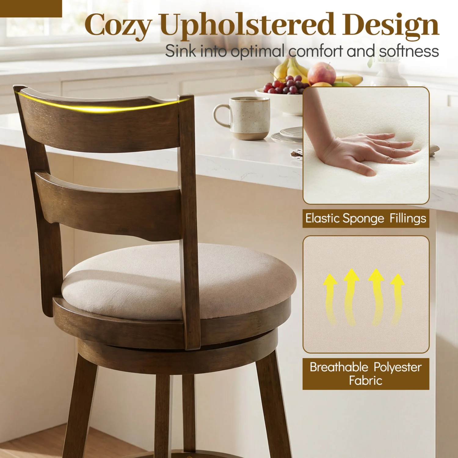 25 Inch Swivel Counter Barstools with Backrest & Upholstered Seat-Set of 4, Taupe - Image 6