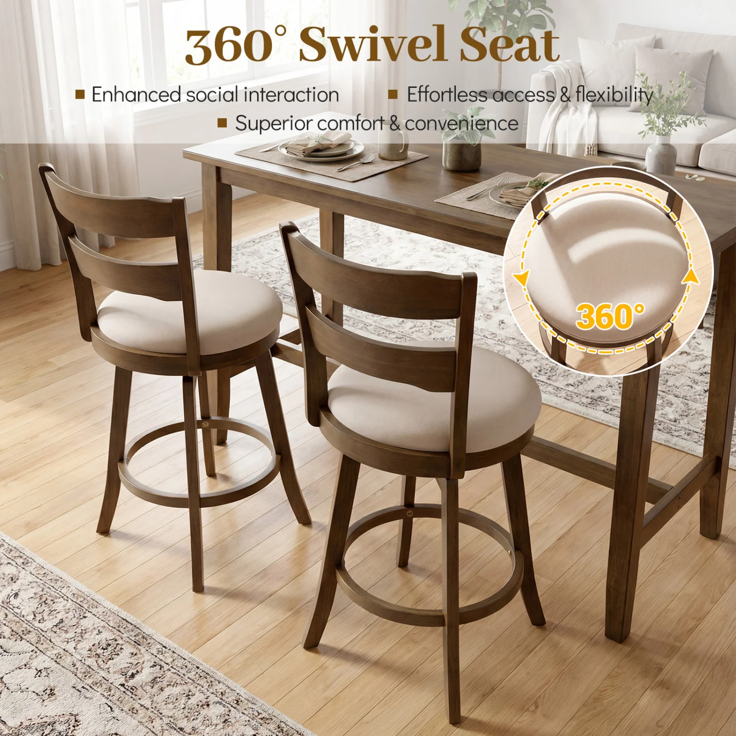 25 Inch Swivel Counter Barstools with Backrest & Upholstered Seat-Set of 4, Taupe - Image 7