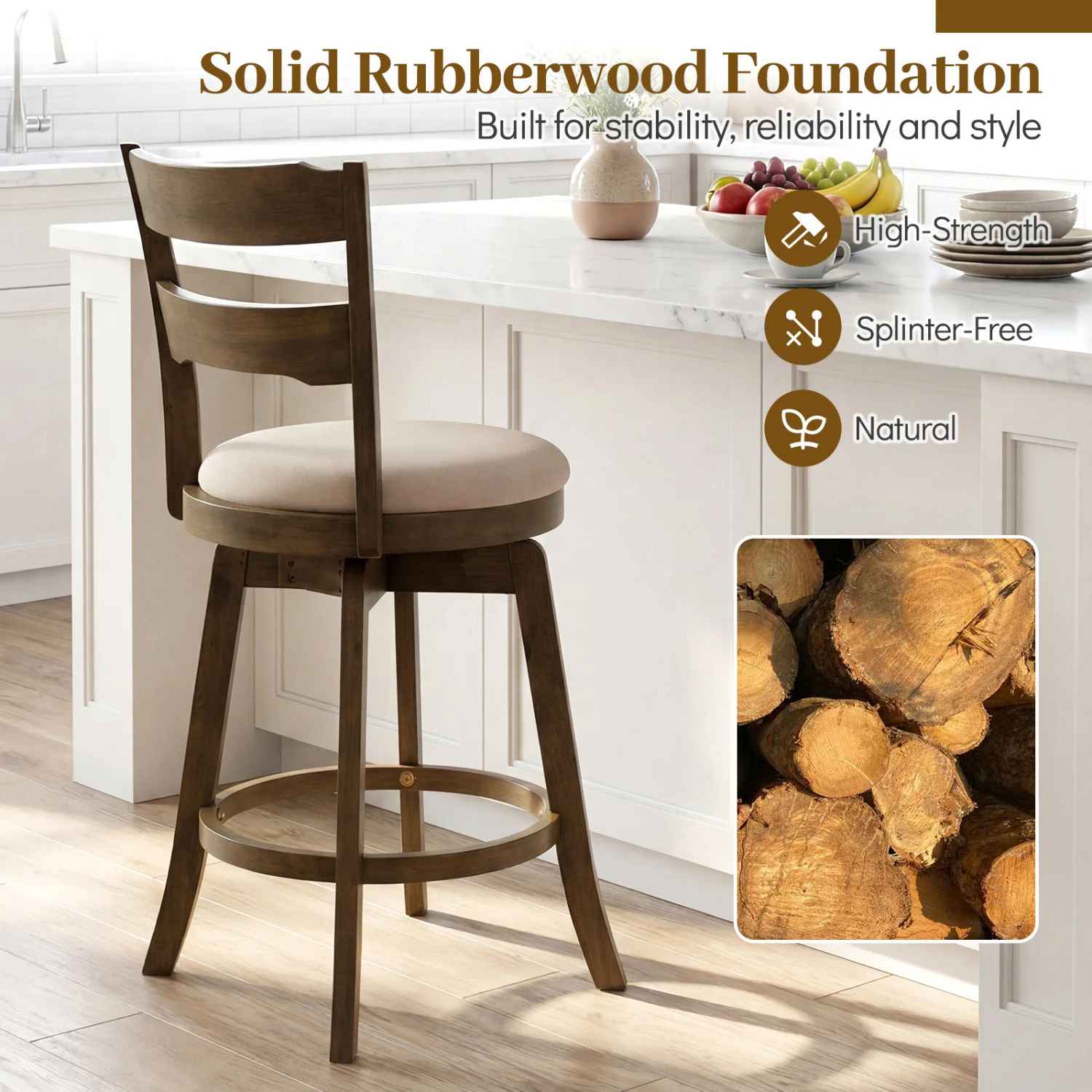 25 Inch Swivel Counter Barstools with Backrest & Upholstered Seat-Set of 4, Taupe - Image 8