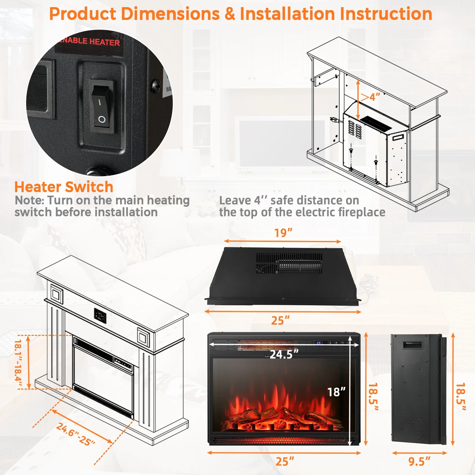 25 Inches Recessed Electric Heater, Black - Image 5