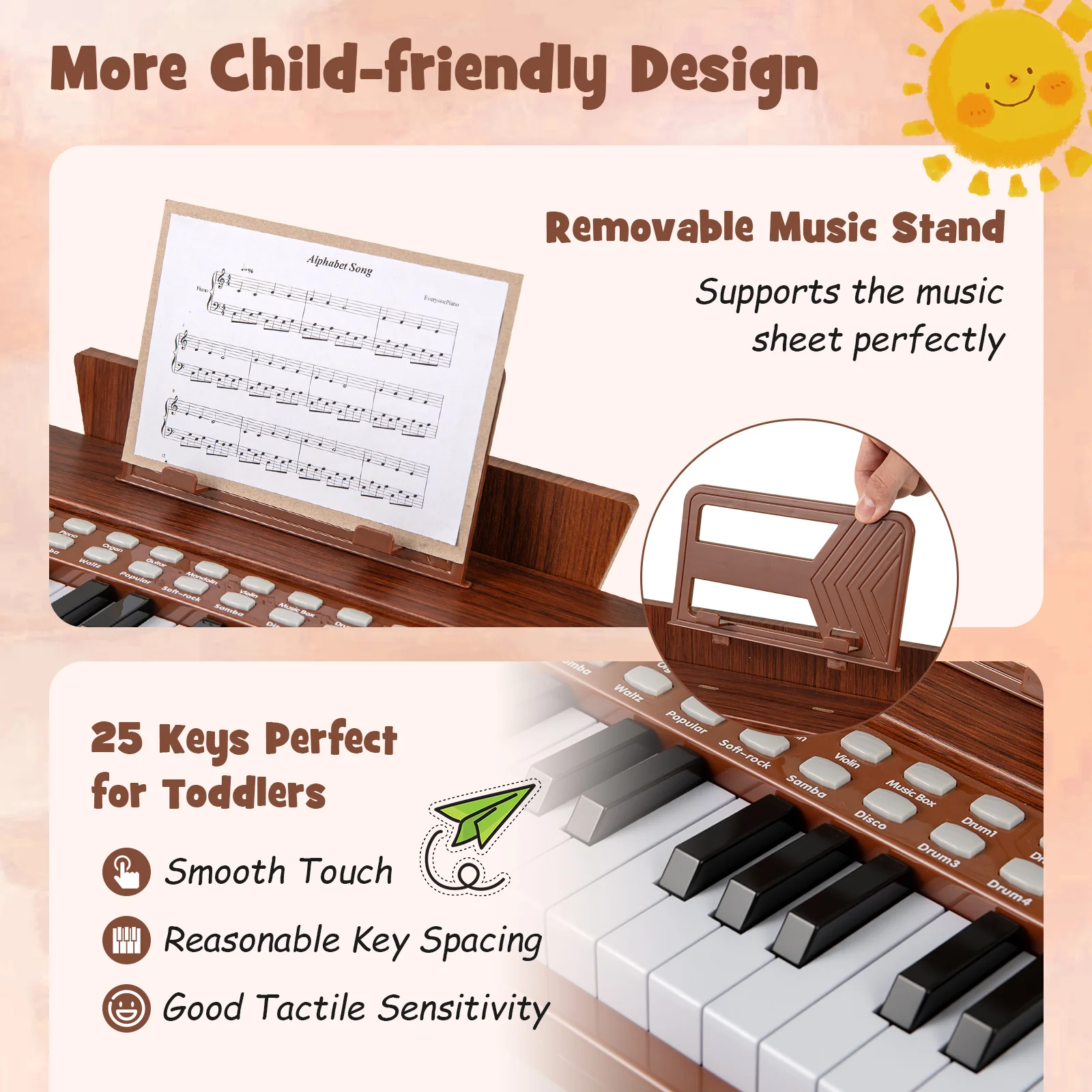 25 Keys Kids Piano Keyboard, Adjustable Speed And Volume, Brown - Image 8