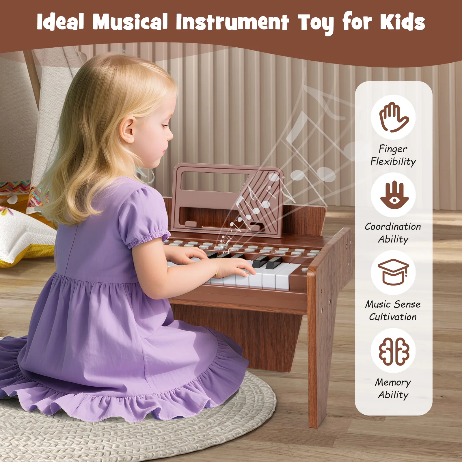 25 Keys Kids Piano Keyboard, Adjustable Speed And Volume, Brown - Image 9