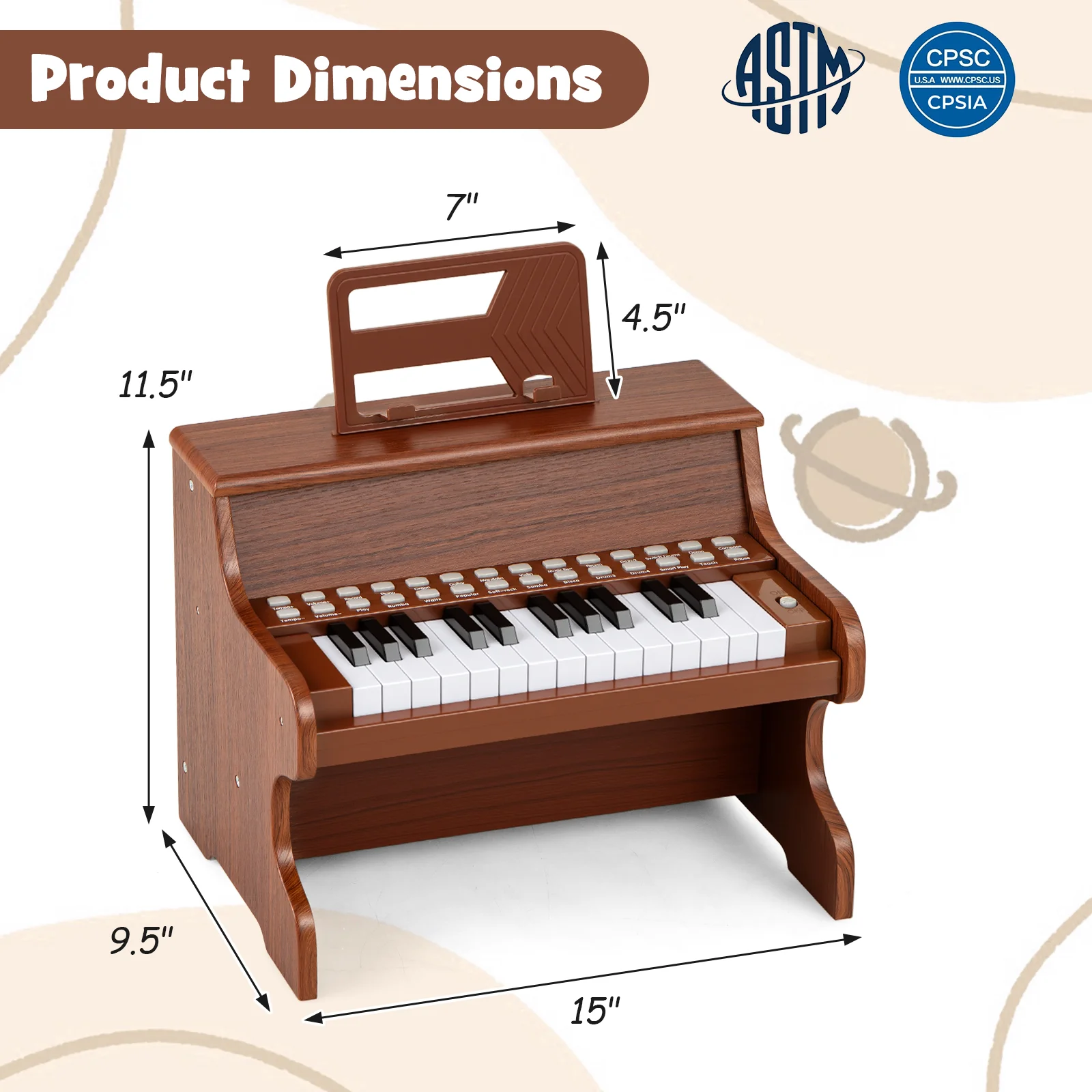 25 Keys Kids Piano Keyboard, Adjustable Speed, Teaching Mode, Brown - Image 5