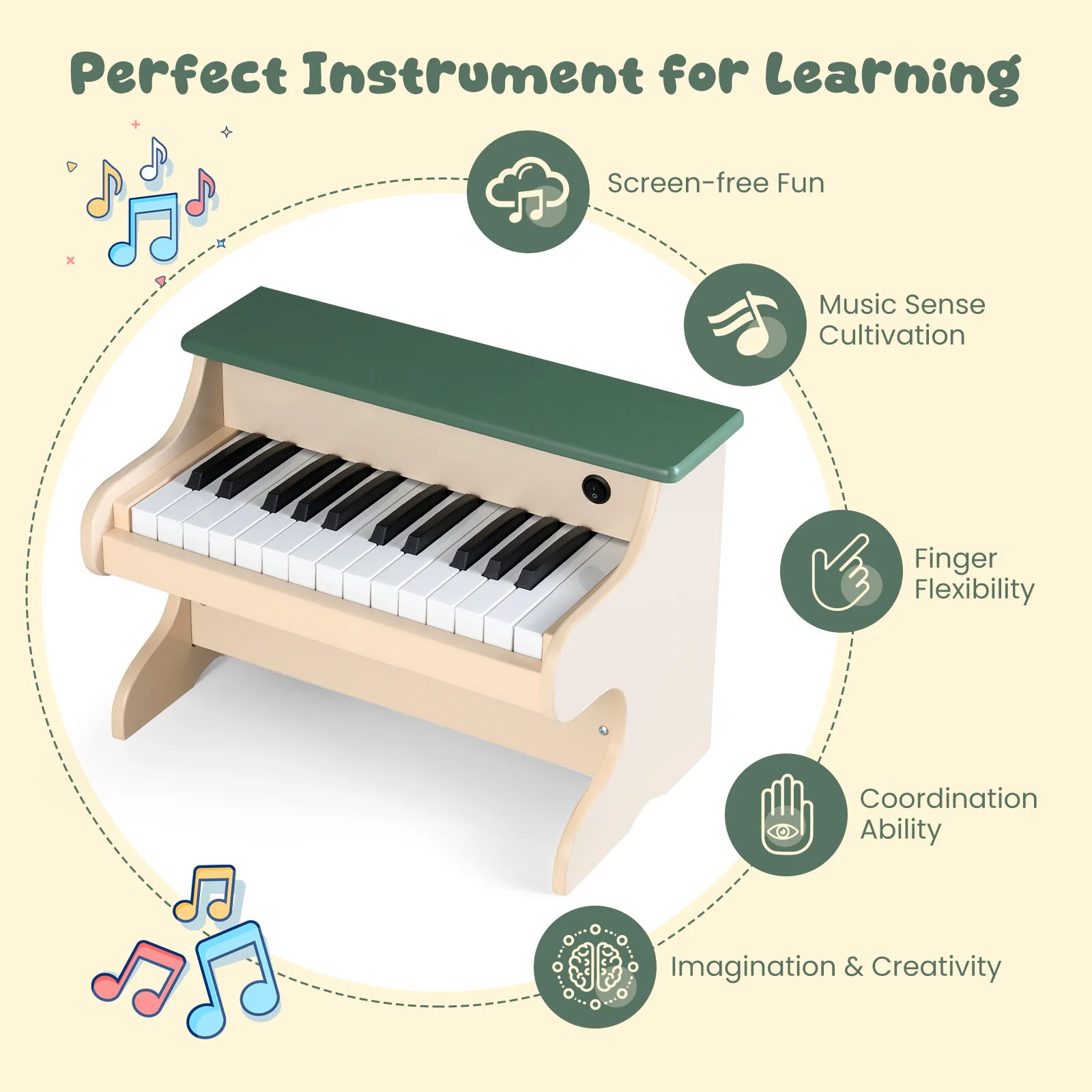 25 Keys Kids Piano Keyboard Wooden Digital Piano Toy with Removable Music Stand, Green - Image 10