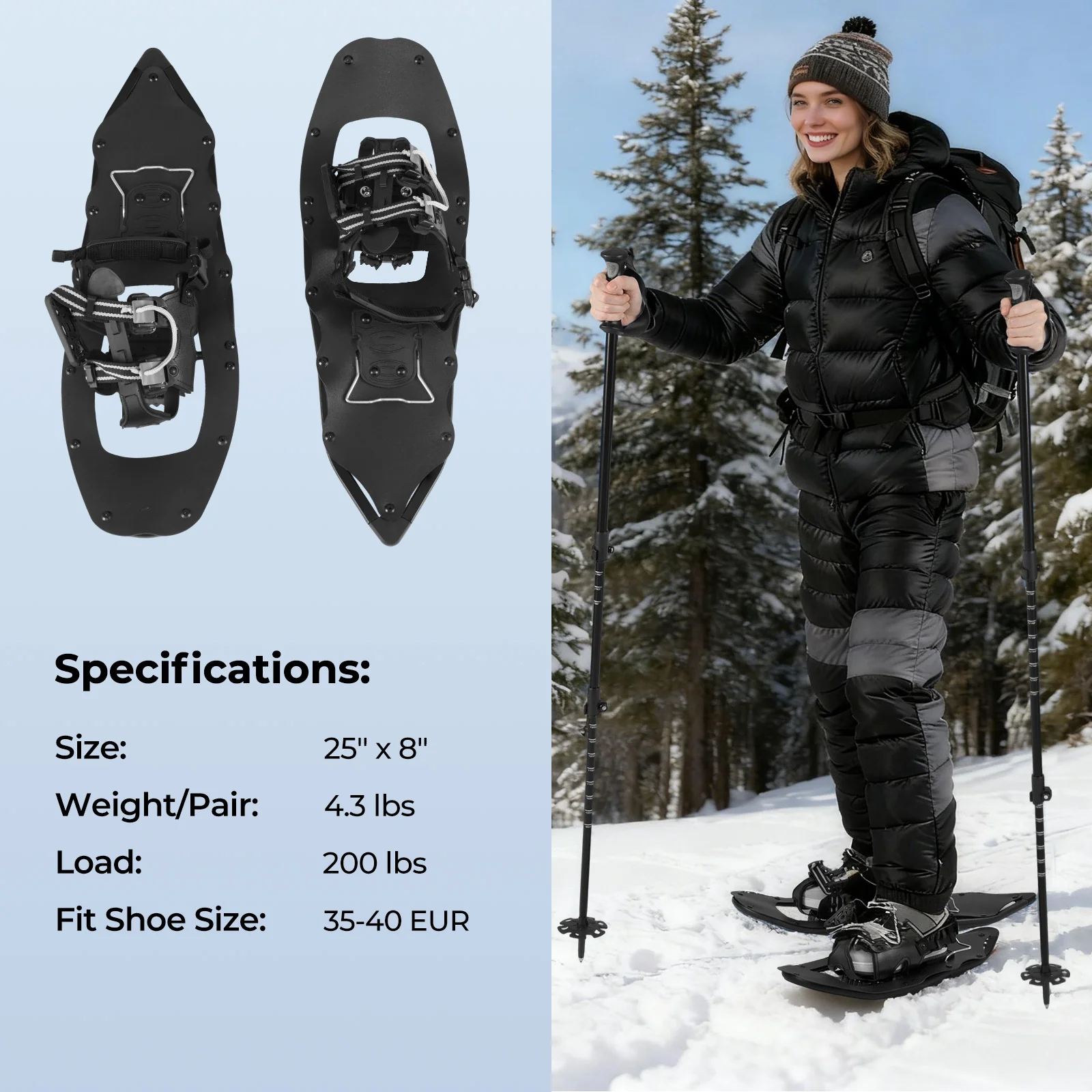 25” Snowshoes with Trekking Poles, Black - Image 6