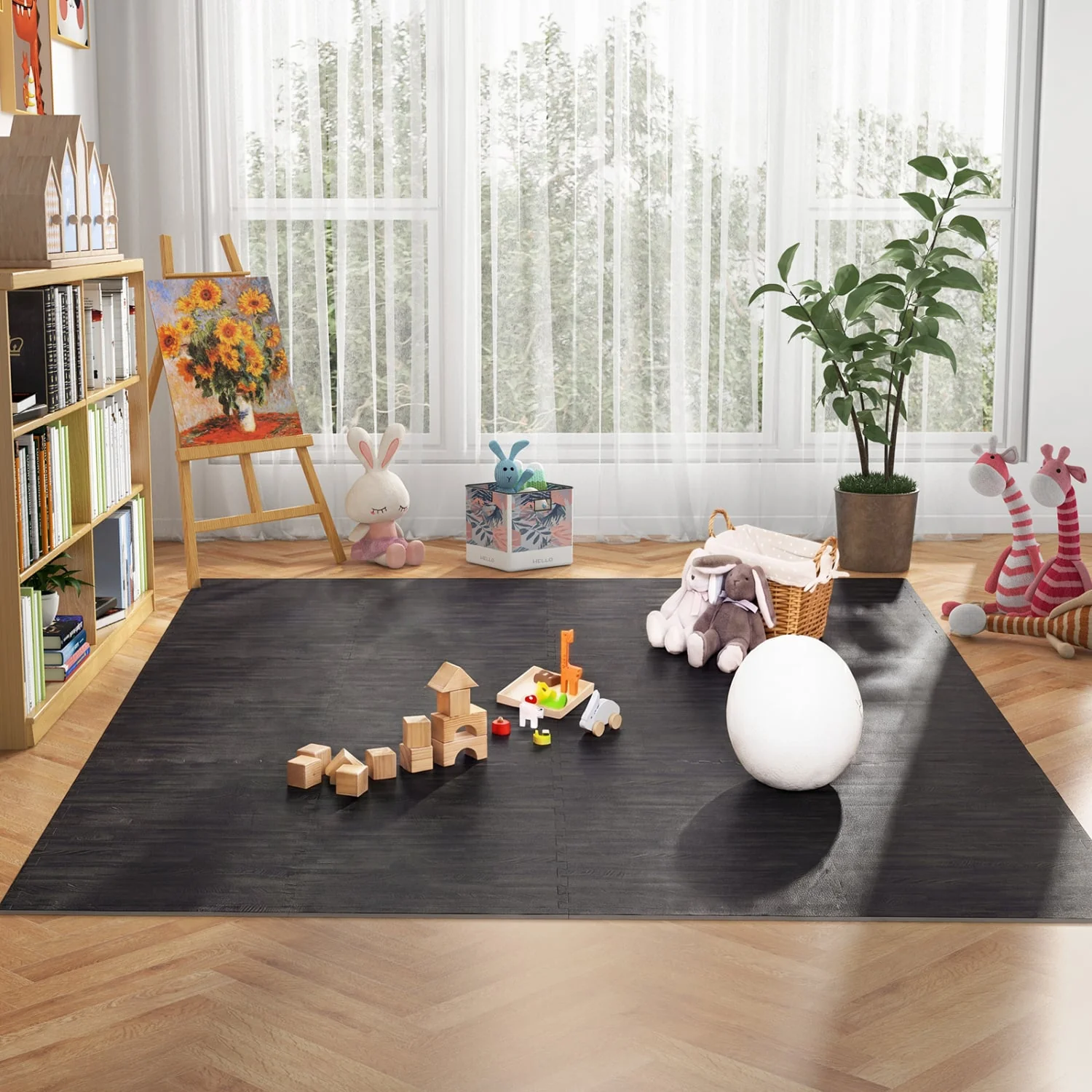 25 Tiles Wood Grain Foam Floor Mats, Black - Image 2