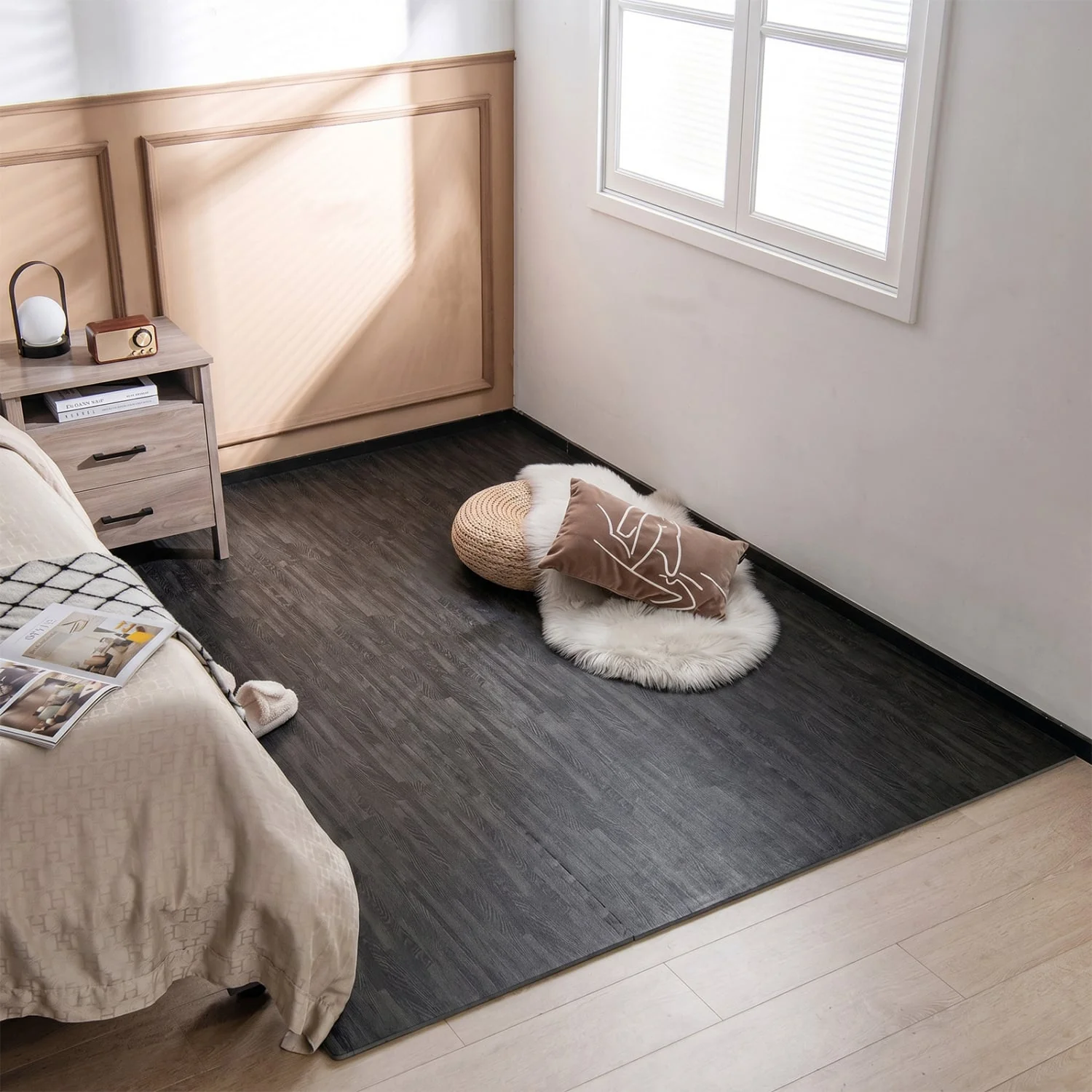 25 Tiles Wood Grain Foam Floor Mats, Black - Image 3