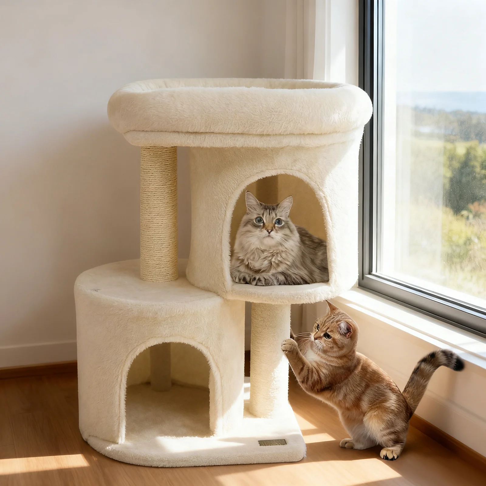 26 Inch Cat Tower with Large Padded Push Perch and Dual Condos, Beige - Image 2