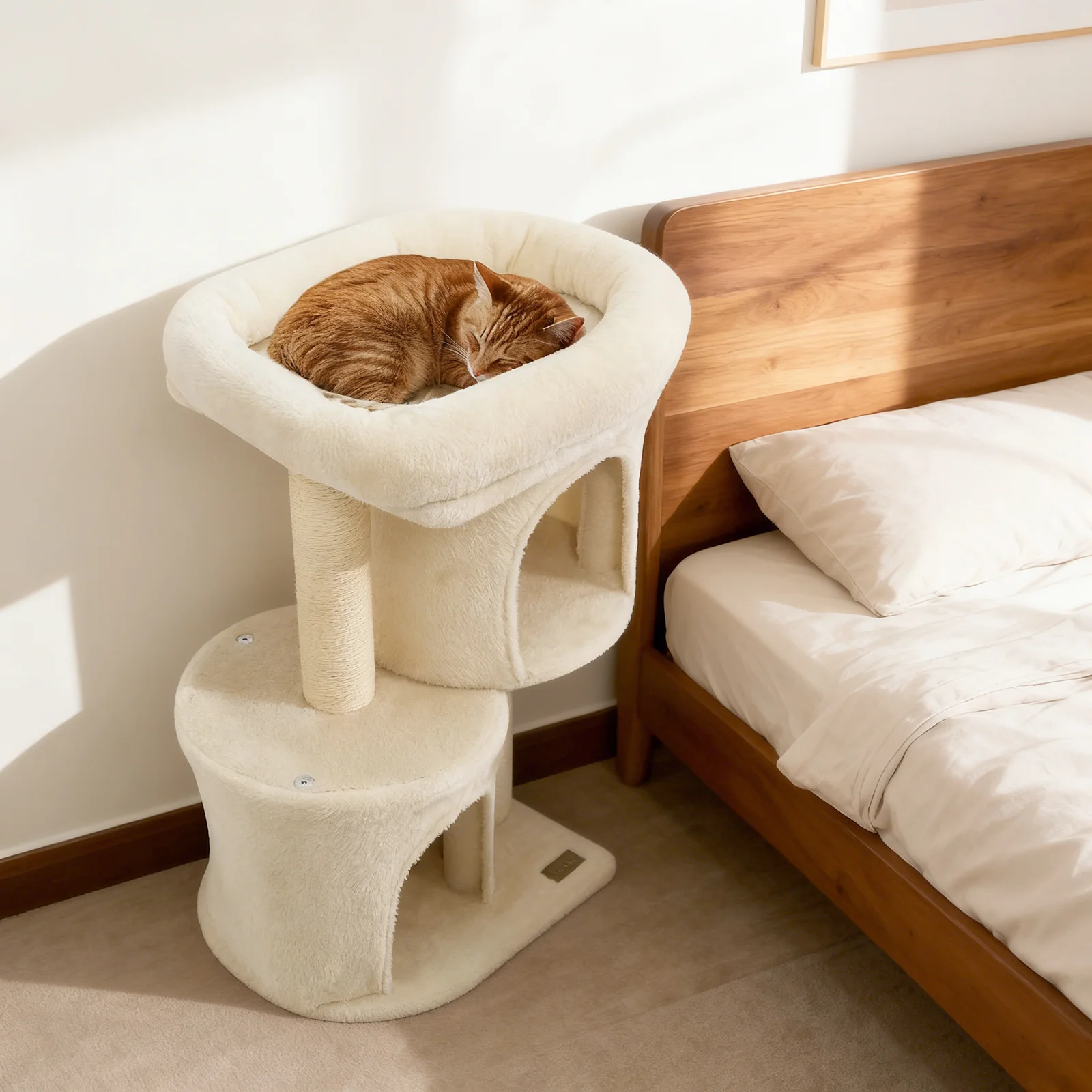 26 Inch Cat Tower with Large Padded Push Perch and Dual Condos, Beige - Image 3