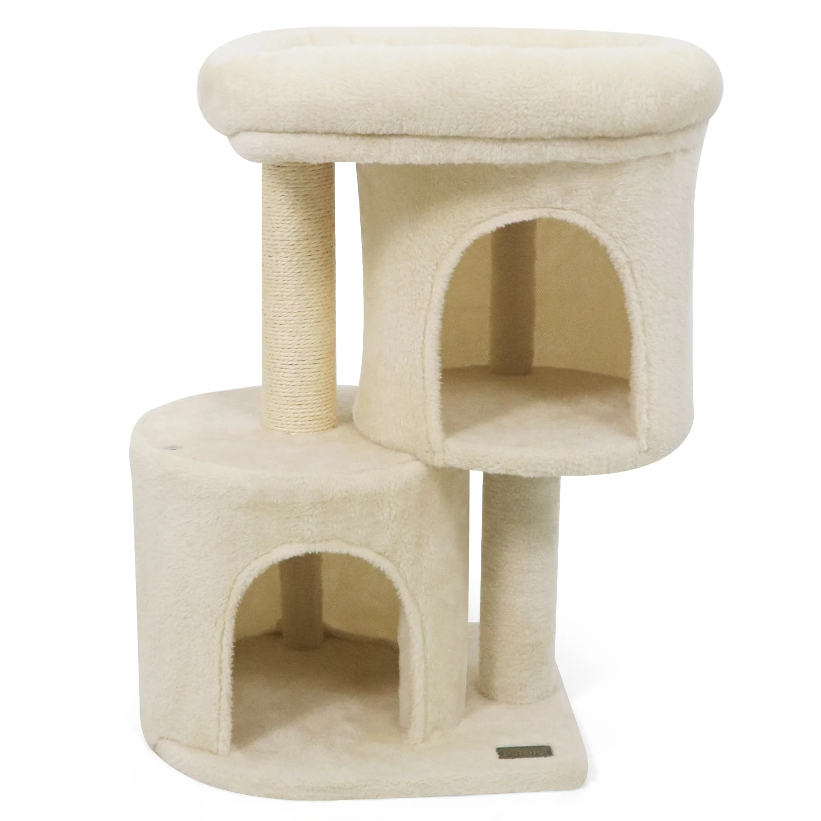 26 Inch Cat Tower with Large Padded Push Perch and Dual Condos, Beige - Image 4