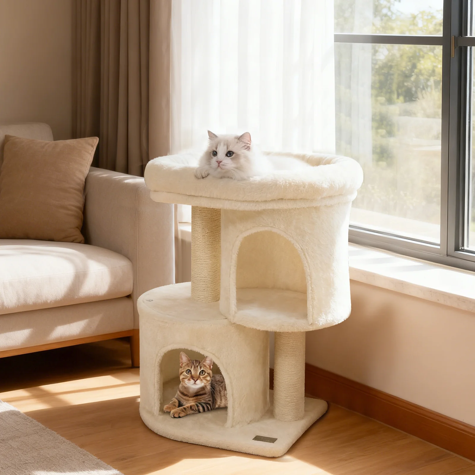 26 Inch Cat Tower with Large Padded Push Perch and Dual Condos, Beige - Image 7