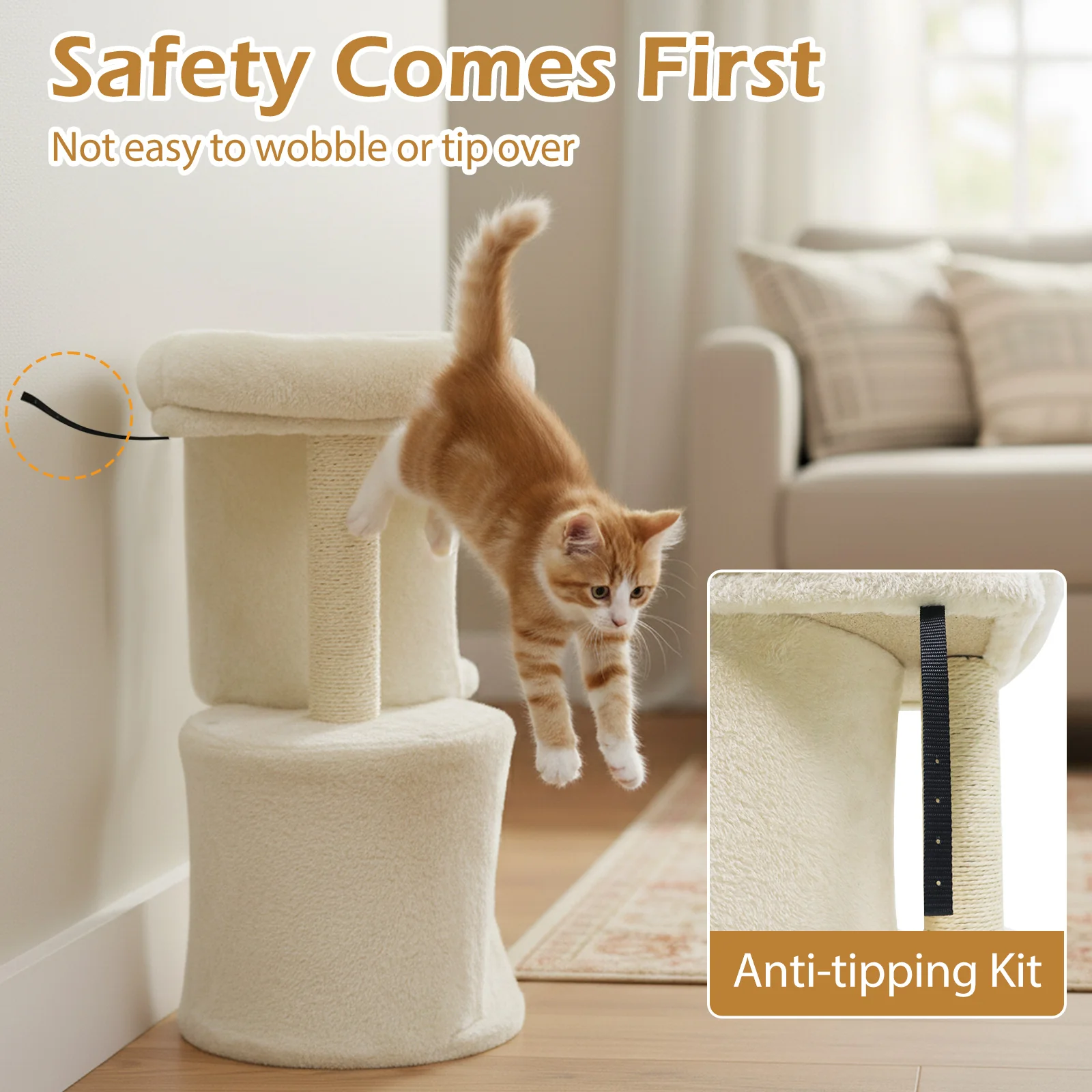 26 Inch Cat Tower with Large Padded Push Perch and Dual Condos, Beige - Image 8