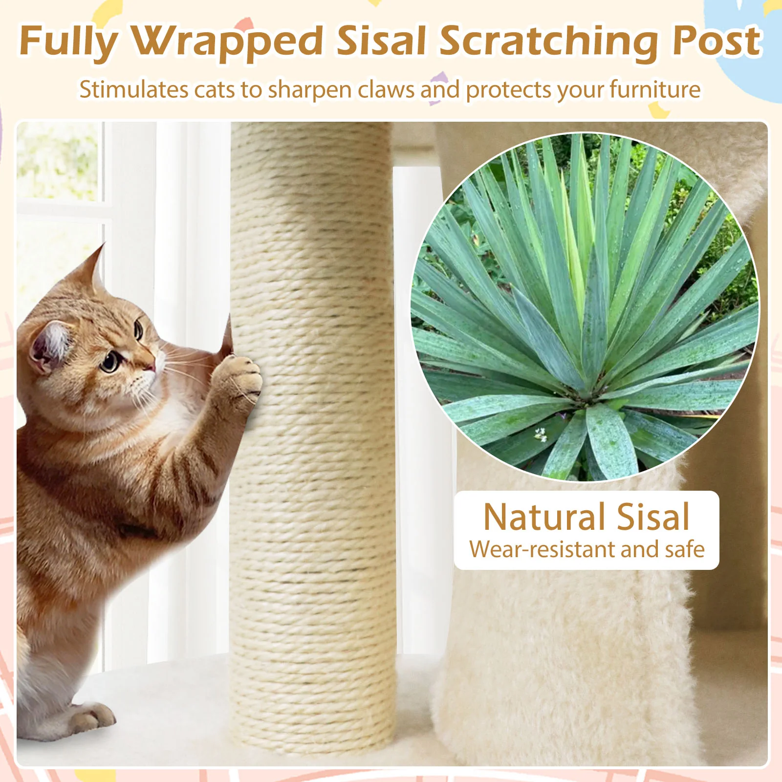26 Inch Cat Tower with Large Padded Push Perch and Dual Condos, Beige - Image 9