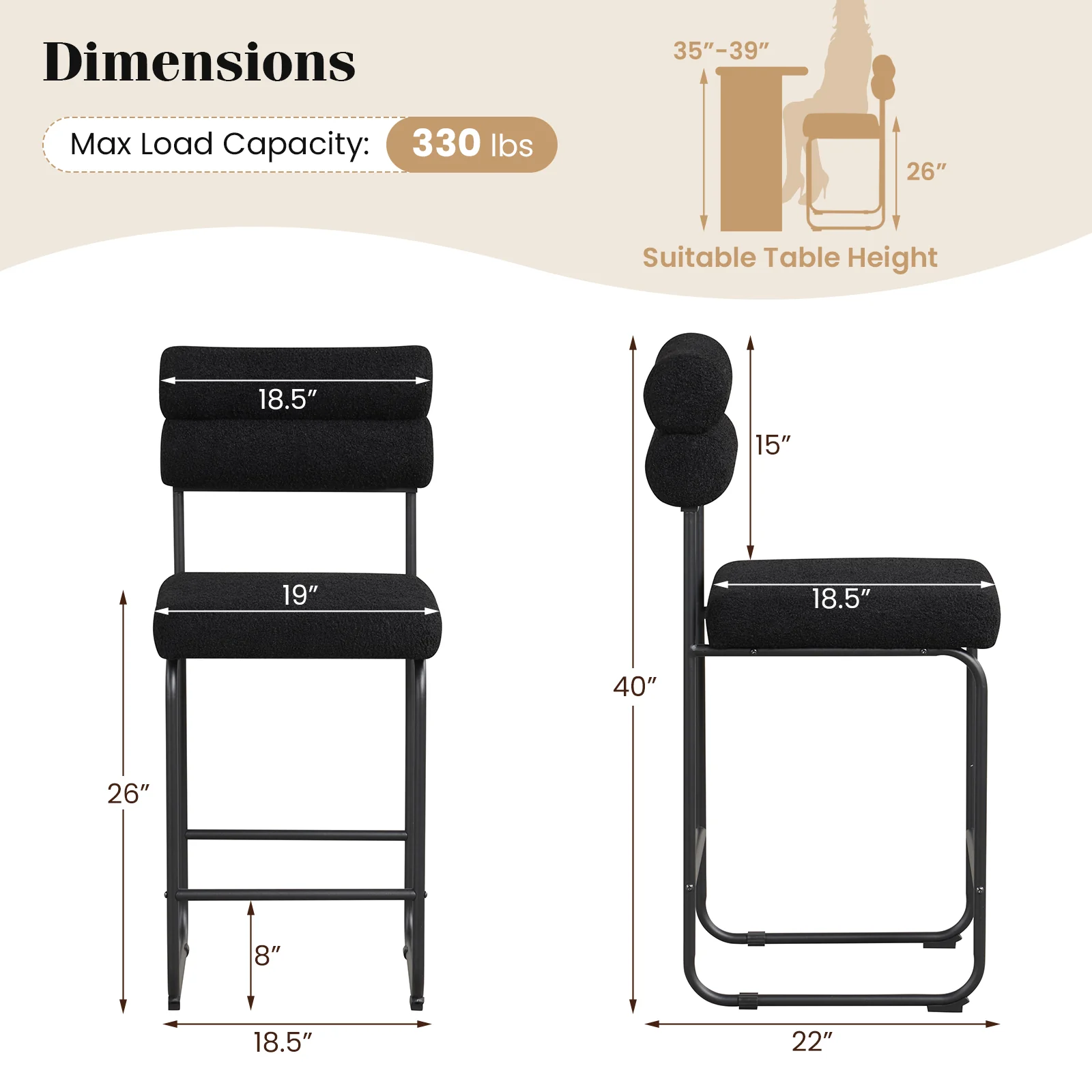 26 Inch Counter Height Bar Stools, Set of 2, Metal Frame, Footrest, Black - Image 5