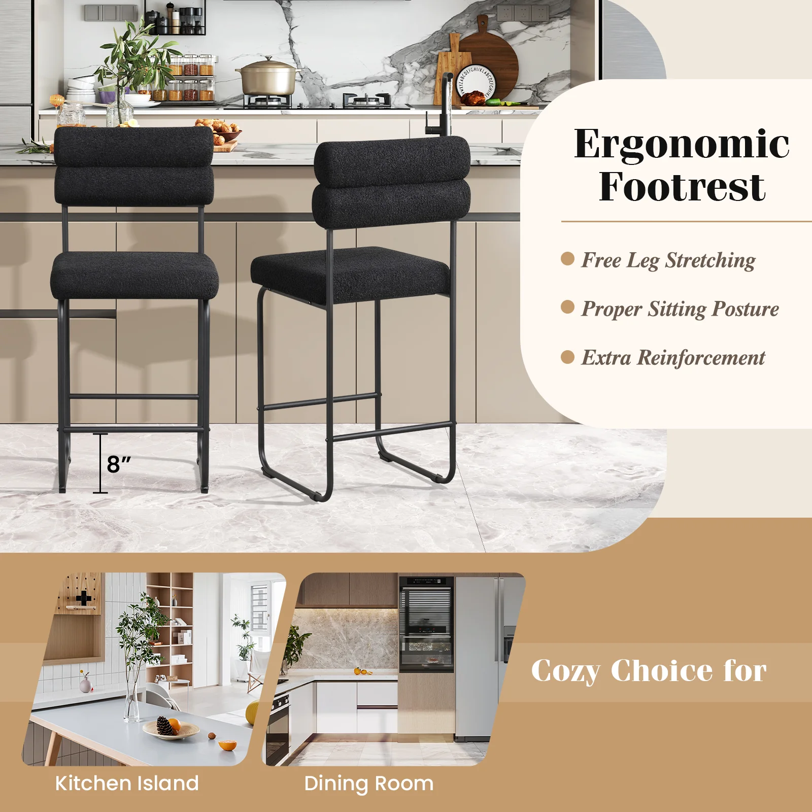 26 Inch Counter Height Bar Stools, Set of 2, Metal Frame, Footrest, Black - Image 9