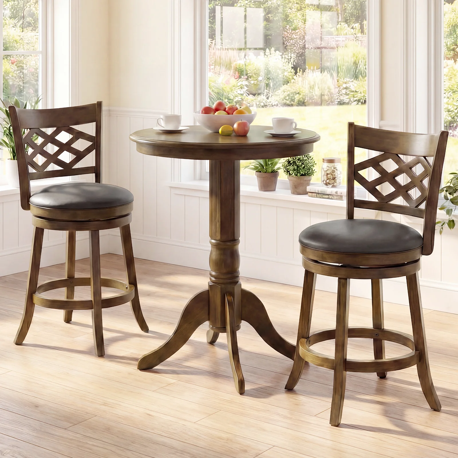 26 Inch Counter Height Bar Stools Set of 2 with Rubber Wood Frame, Brown - Image 2