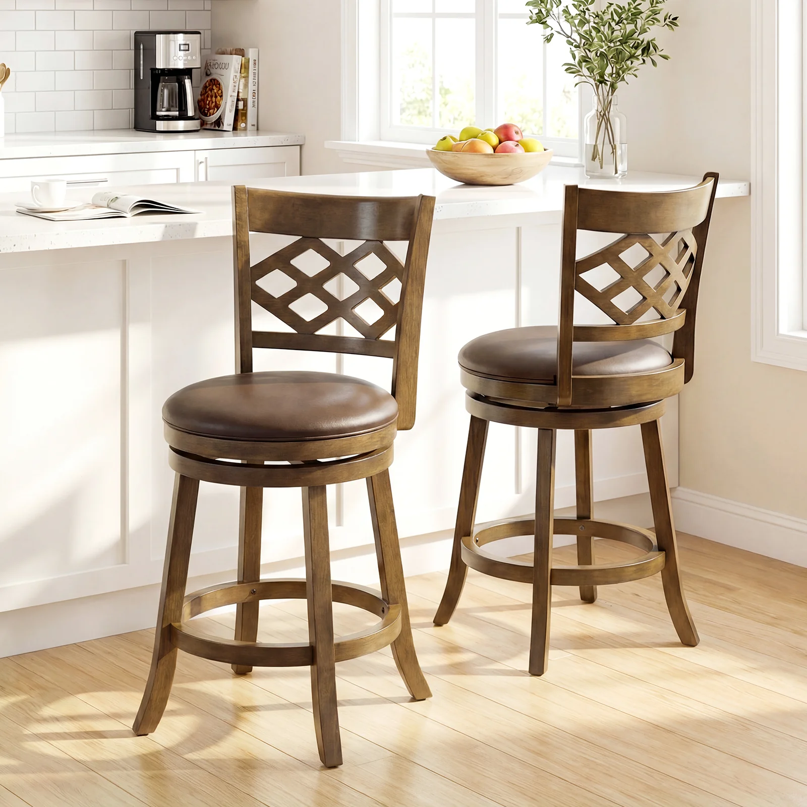 26 Inch Counter Height Bar Stools Set of 2 with Rubber Wood Frame, Brown - Image 3