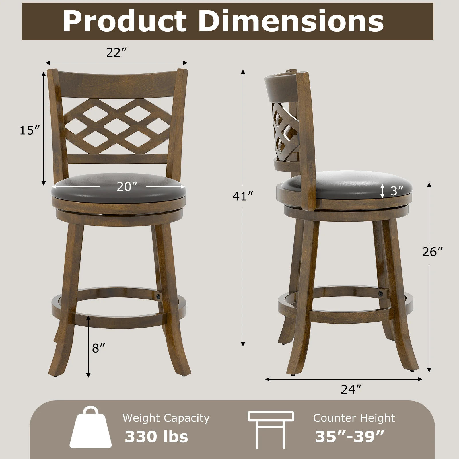 26 Inch Counter Height Bar Stools Set of 2 with Rubber Wood Frame, Brown - Image 5