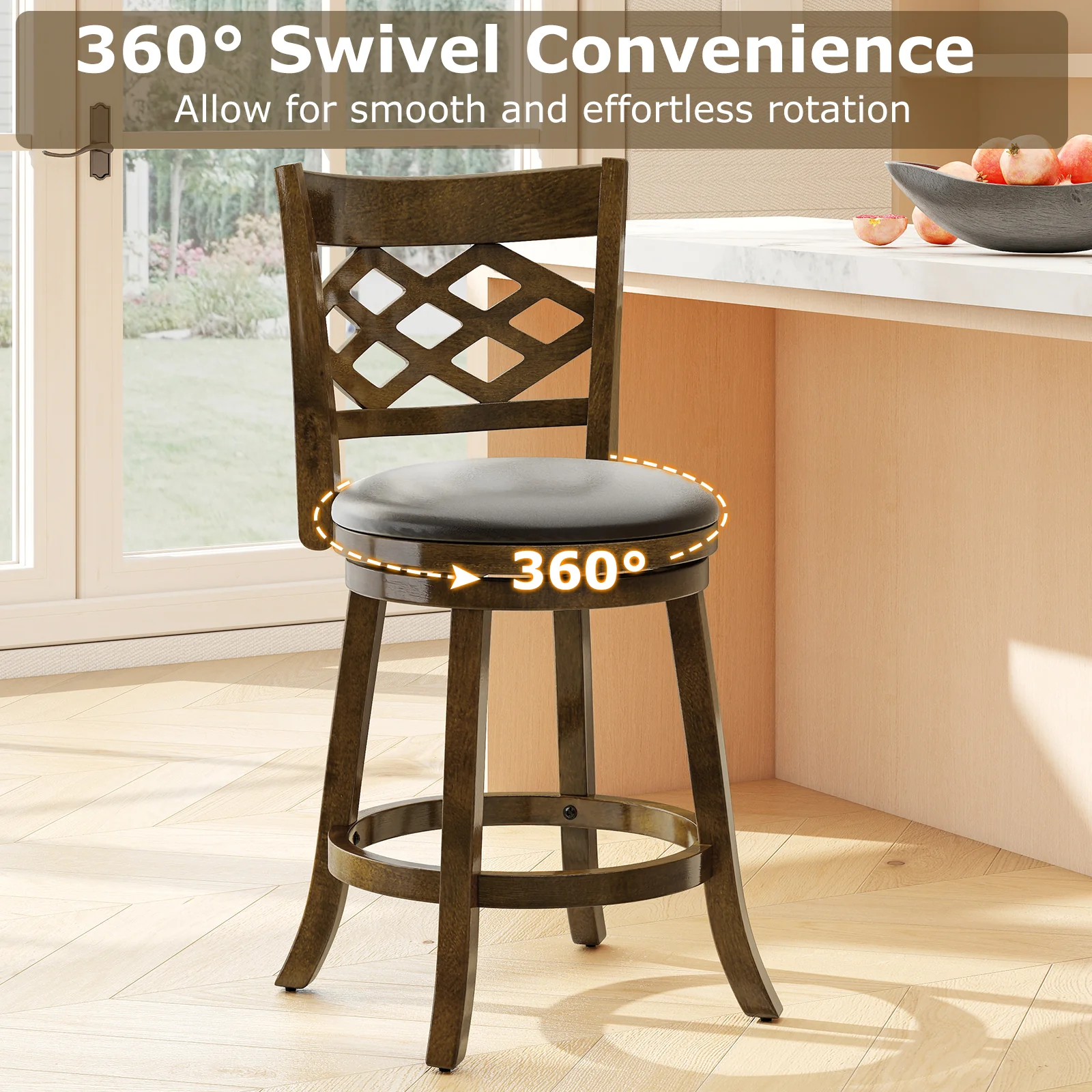 26 Inch Counter Height Bar Stools Set of 2 with Rubber Wood Frame, Brown - Image 7