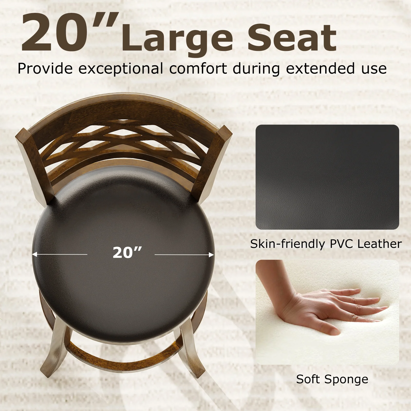 26 Inch Counter Height Bar Stools Set of 2 with Rubber Wood Frame, Brown - Image 8