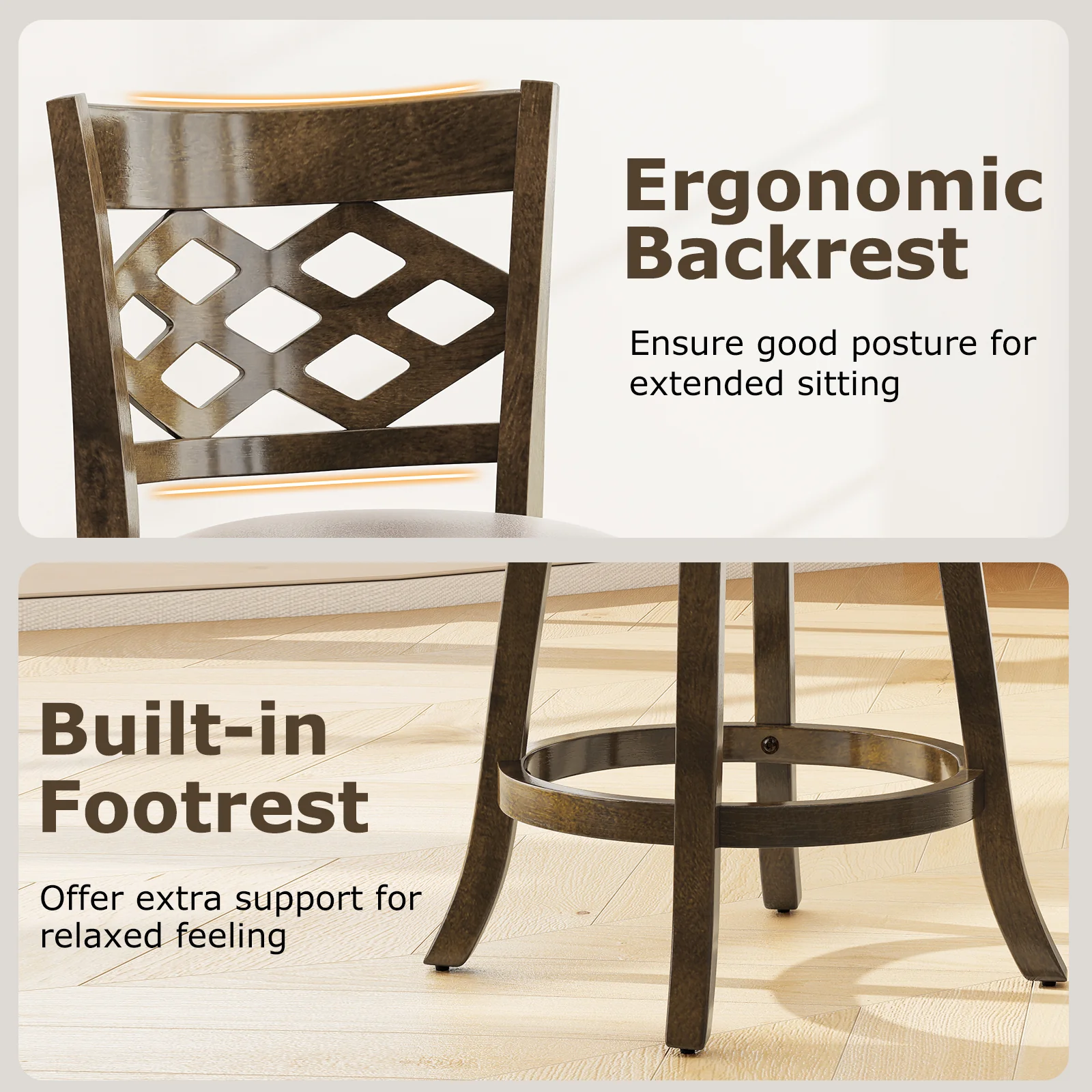 26 Inch Counter Height Bar Stools Set of 2 with Rubber Wood Frame, Brown - Image 9