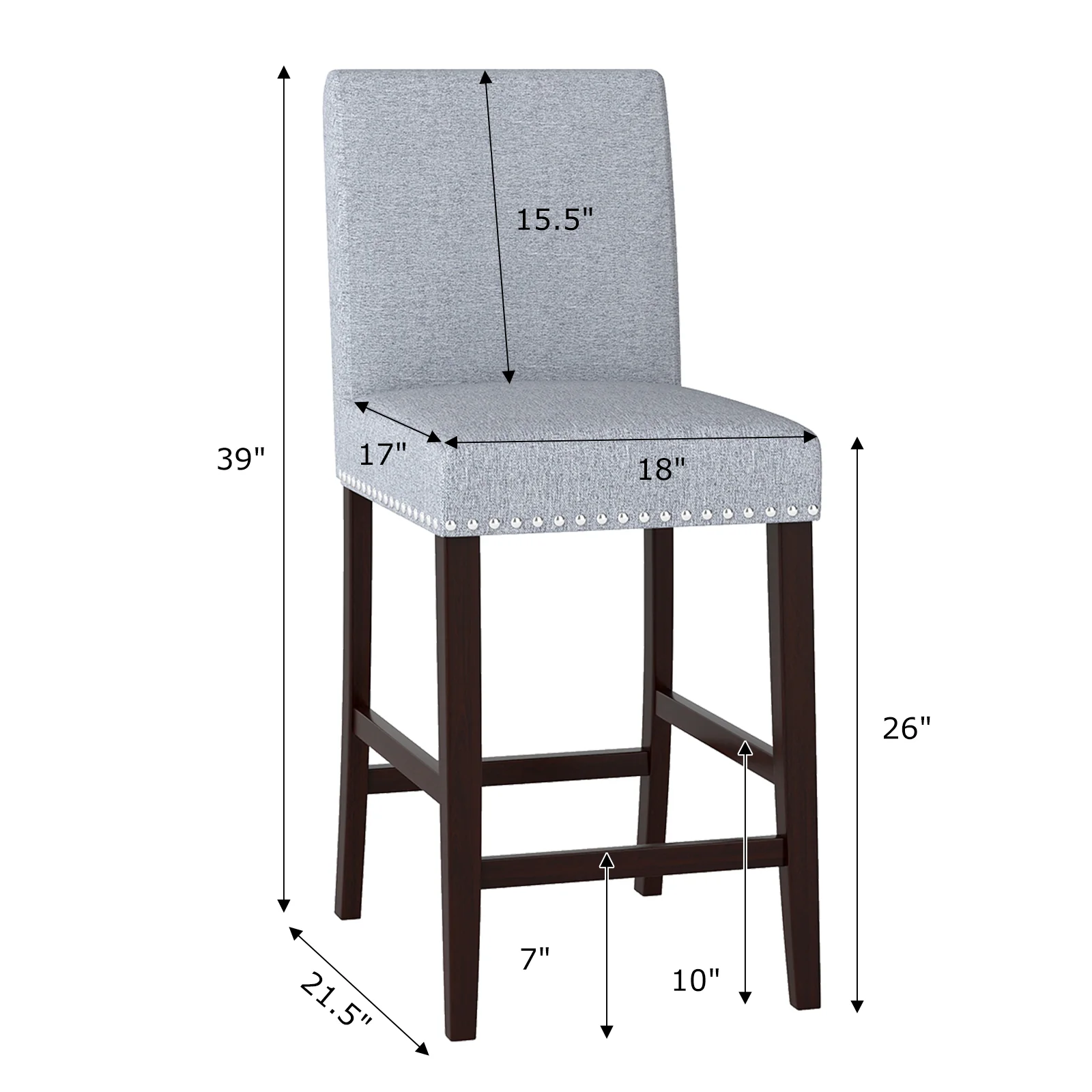 26 Inch Counter Height Chairs, Set of 2, Padded Seat, Backrest, Gray - Image 5