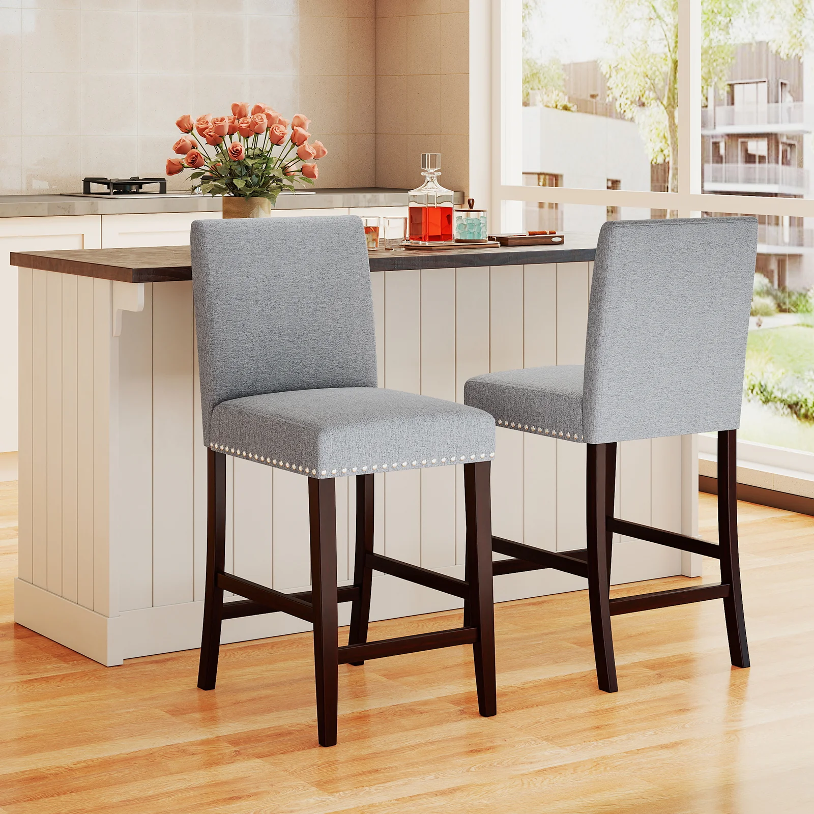 26 Inch Counter Height Chairs, Set of 2, Padded Seat, Backrest, Gray - Image 7