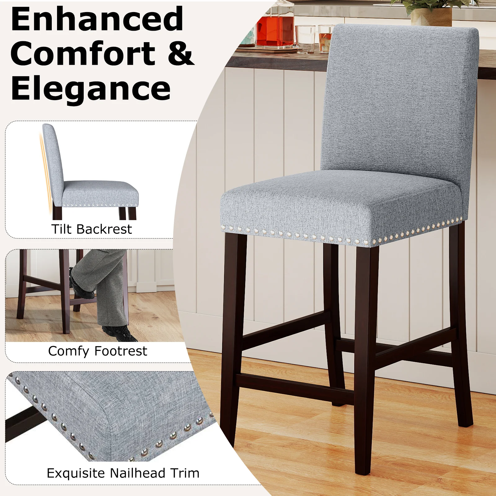 26 Inch Counter Height Chairs, Set of 2, Padded Seat, Backrest, Gray - Image 9