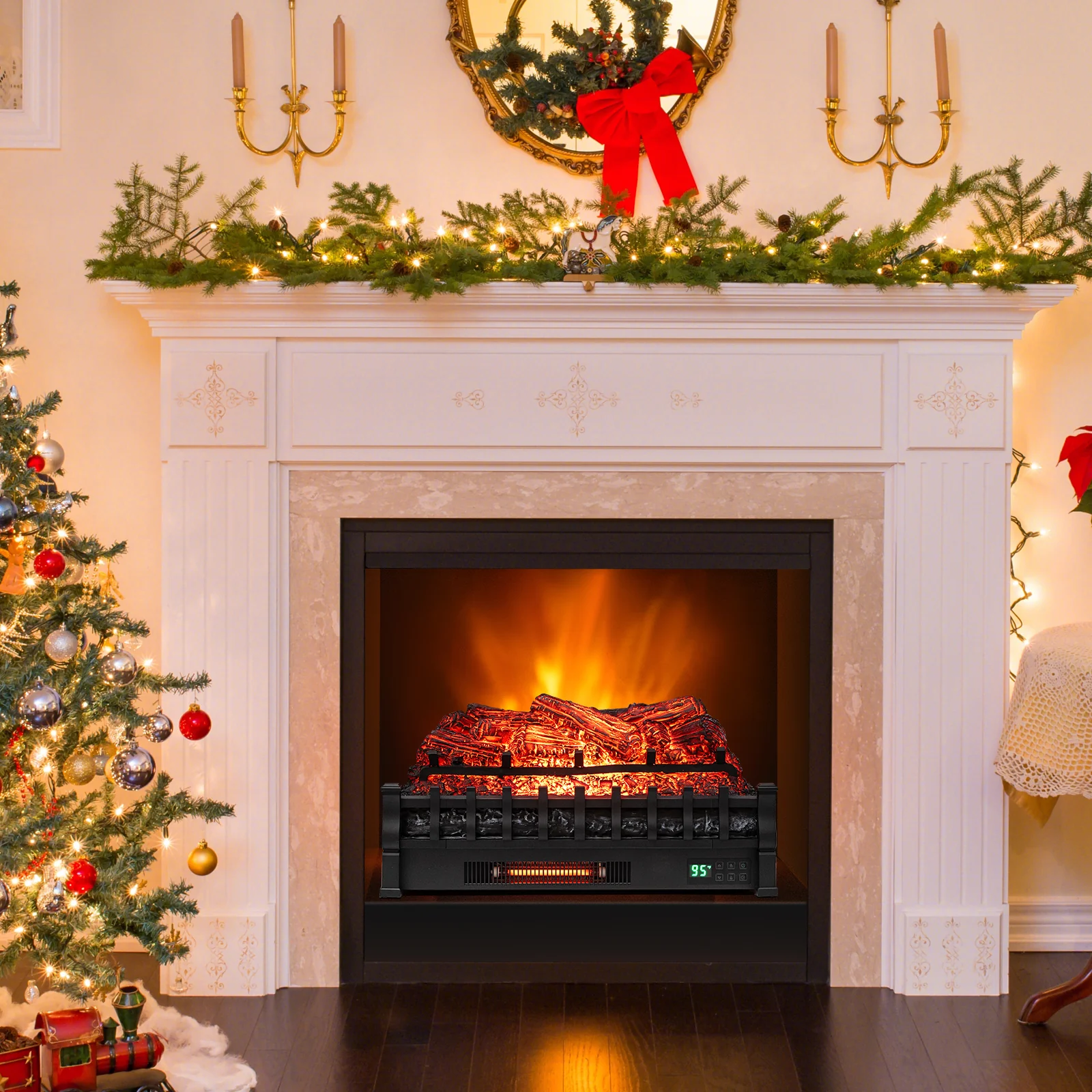 26 Inch WiFi Infrared Quartz Electric Fireplace Insert Logs Heater with Realistic Pinewood Logs, Black - Image 2