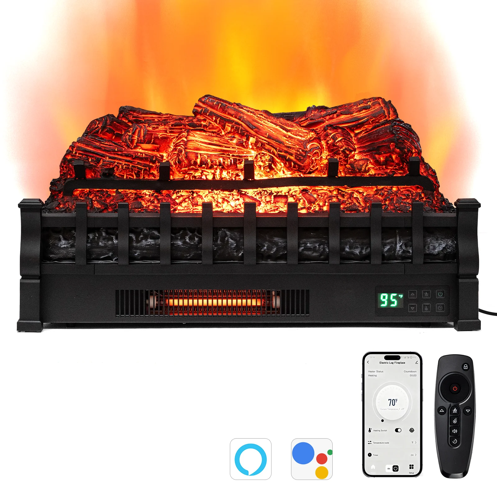 26 Inch WiFi Infrared Quartz Electric Fireplace Insert Logs Heater with Realistic Pinewood Logs, Black - Image 4