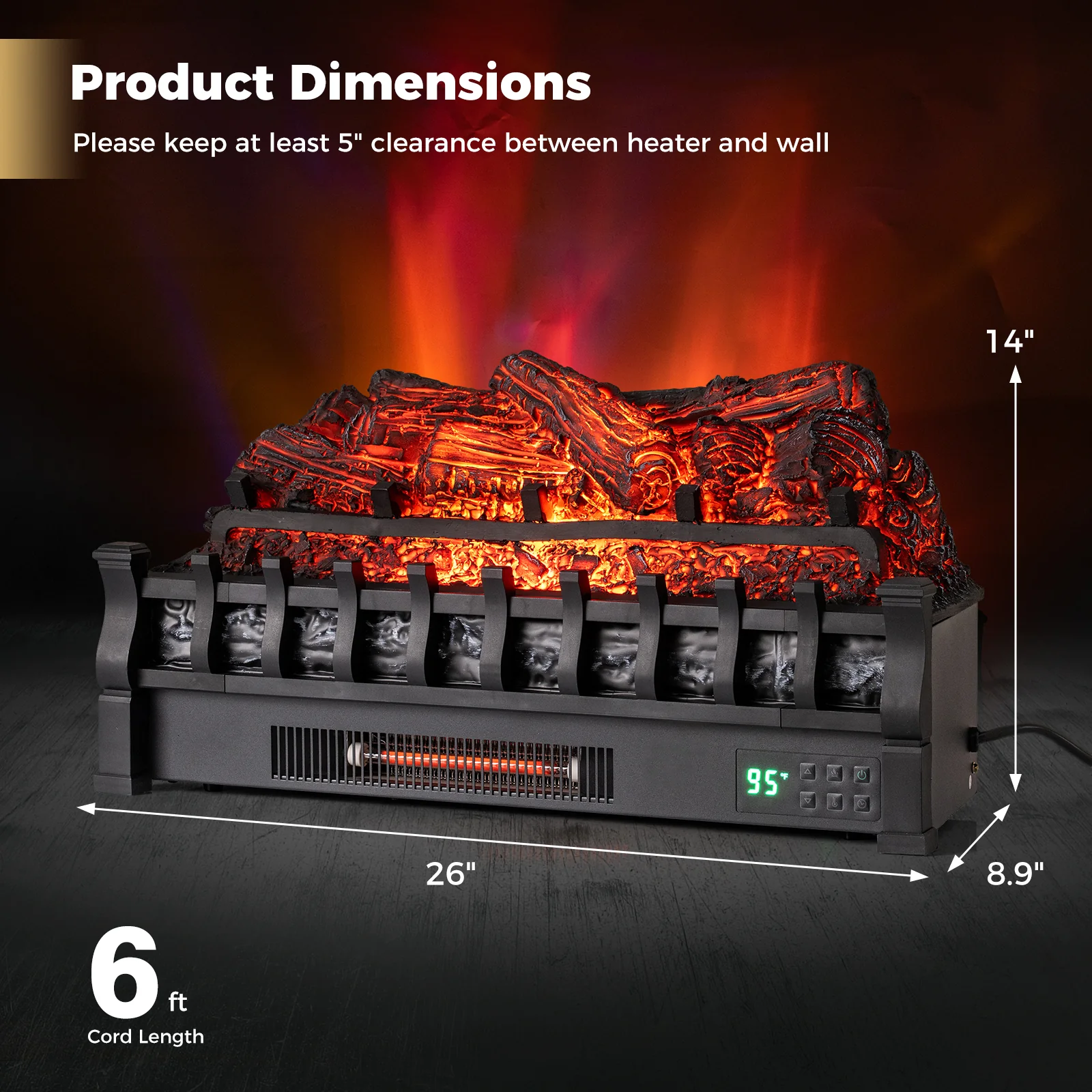 26 Inch WiFi Infrared Quartz Electric Fireplace Insert Logs Heater with Realistic Pinewood Logs, Black - Image 5