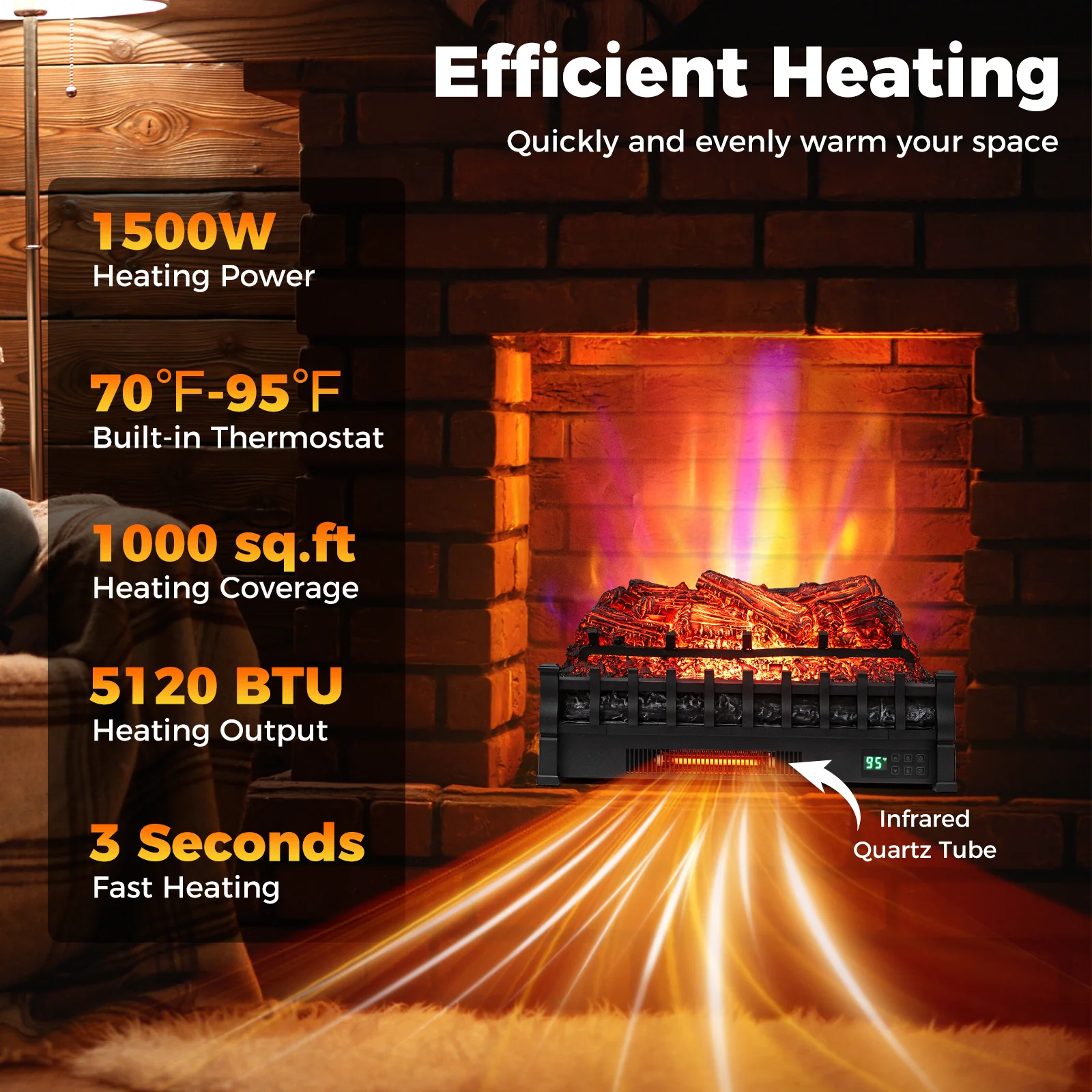 26 Inch WiFi Infrared Quartz Electric Fireplace Insert Logs Heater with Realistic Pinewood Logs, Black - Image 6