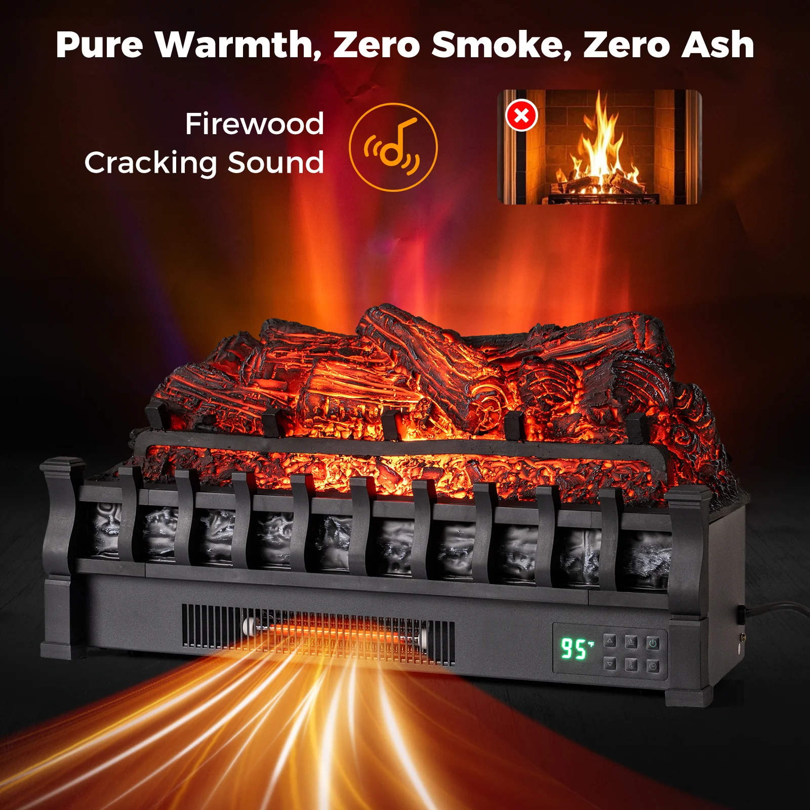 26 Inch WiFi Infrared Quartz Electric Fireplace Insert Logs Heater with Realistic Pinewood Logs, Black - Image 7