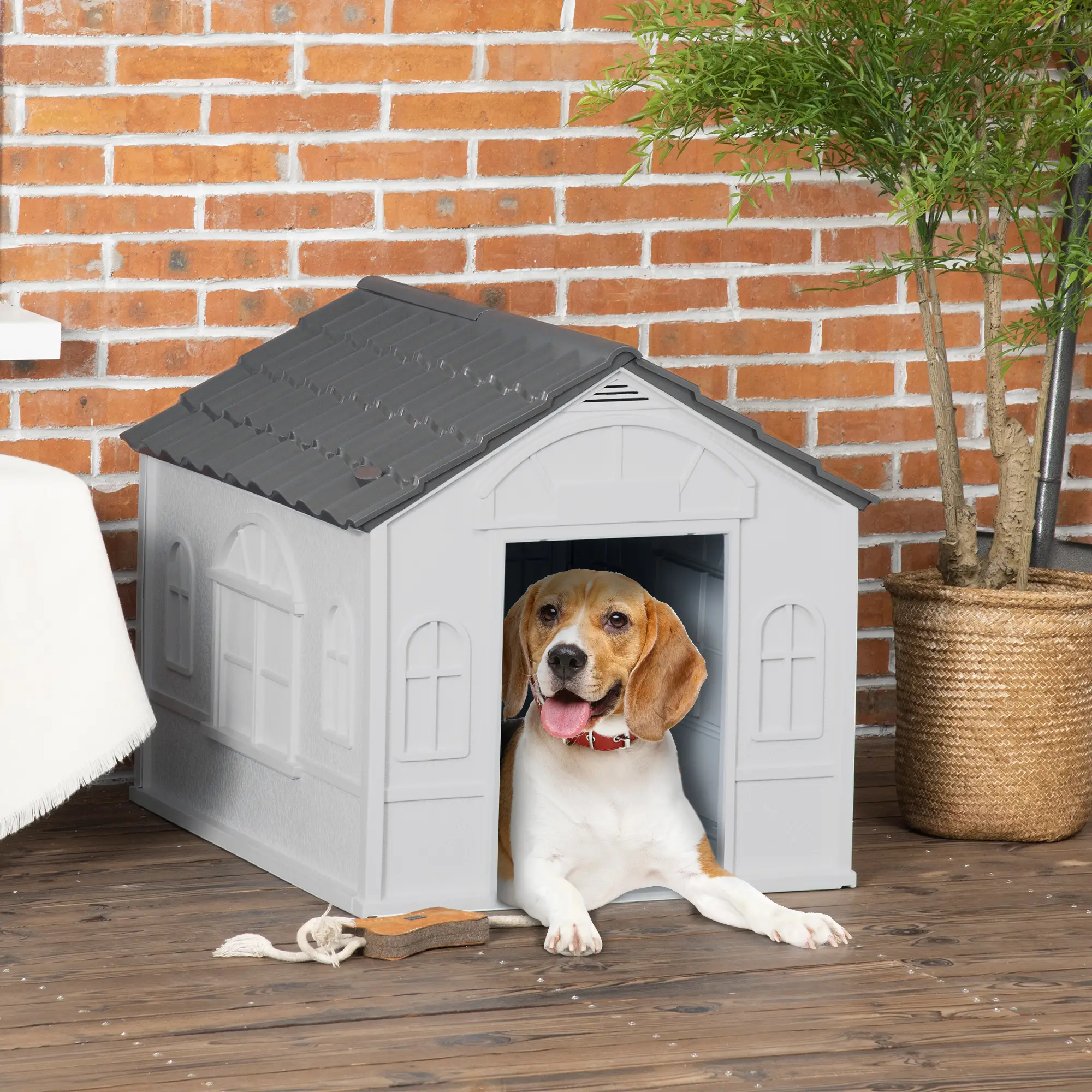 26" Plastic Dog House, Outdoor with Air Vents, Small Medium Dogs, Grey - Image 2