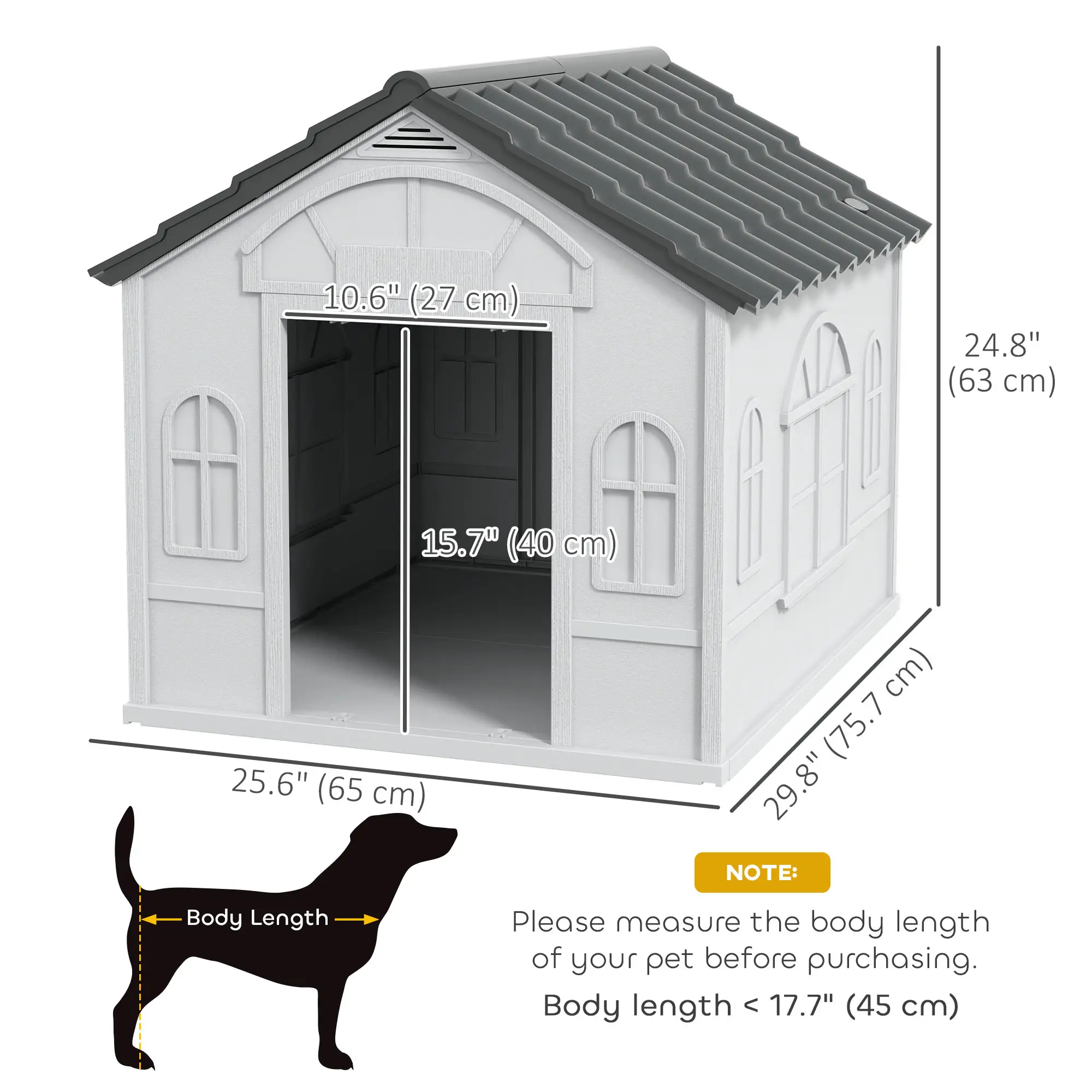 26" Plastic Dog House, Outdoor with Air Vents, Small Medium Dogs, Grey - Image 3