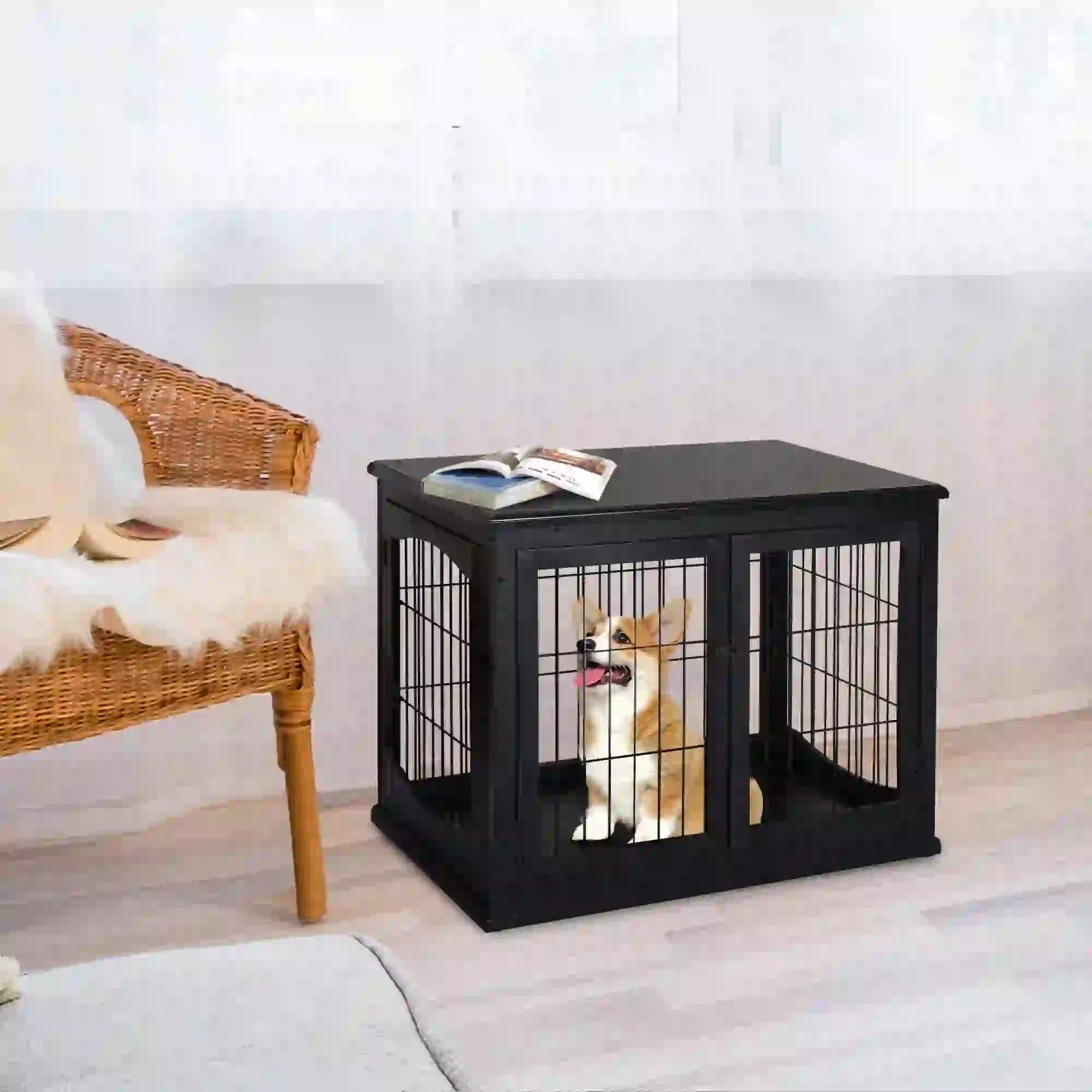 26" Wooden Dog Cage, Double Door, Modern Design, Black - Image 2