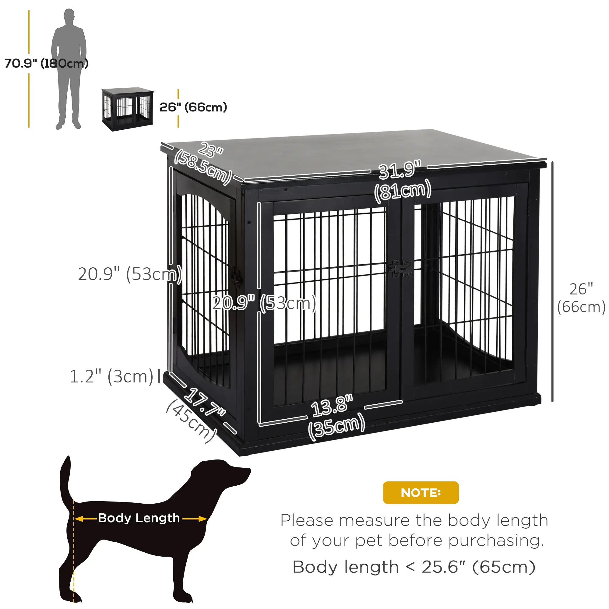 26" Wooden Dog Cage, Double Door, Modern Design, Black - Image 3