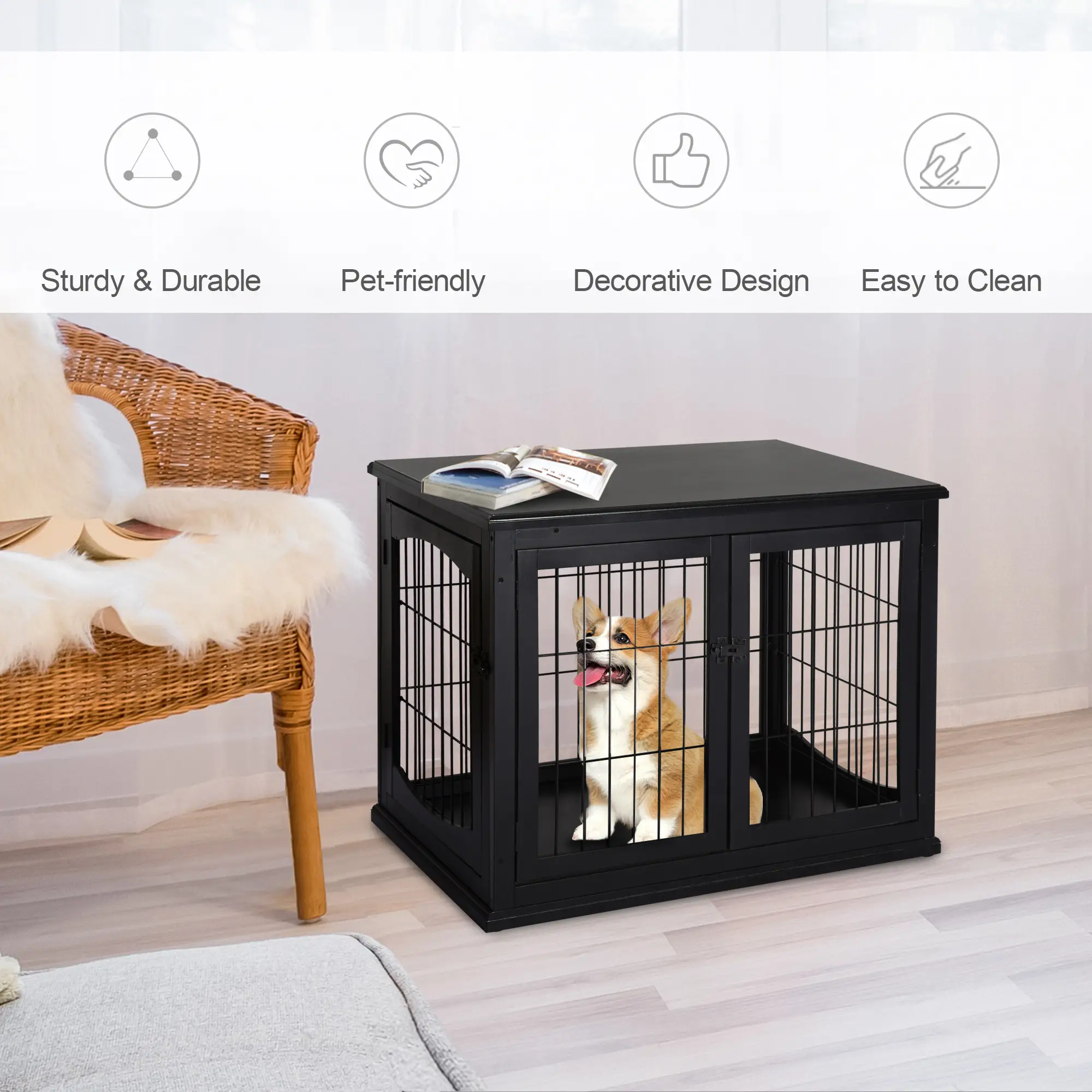 26" Wooden Dog Cage, Double Door, Modern Design, Black - Image 4