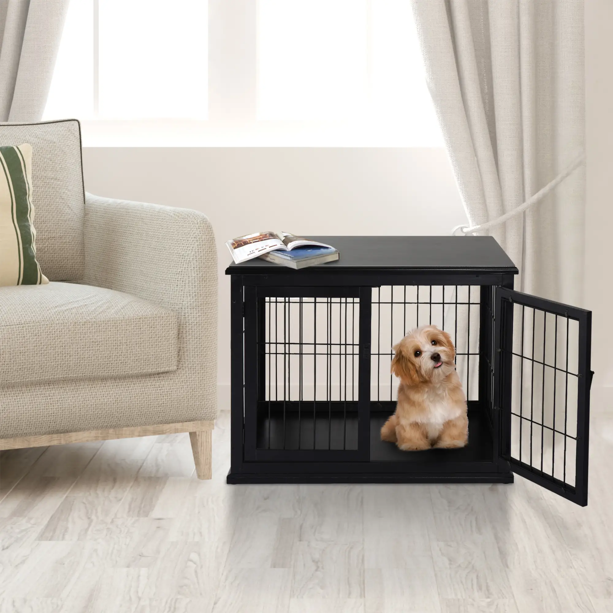 26" Wooden Dog Cage, Double Door, Modern Design, Black - Image 8