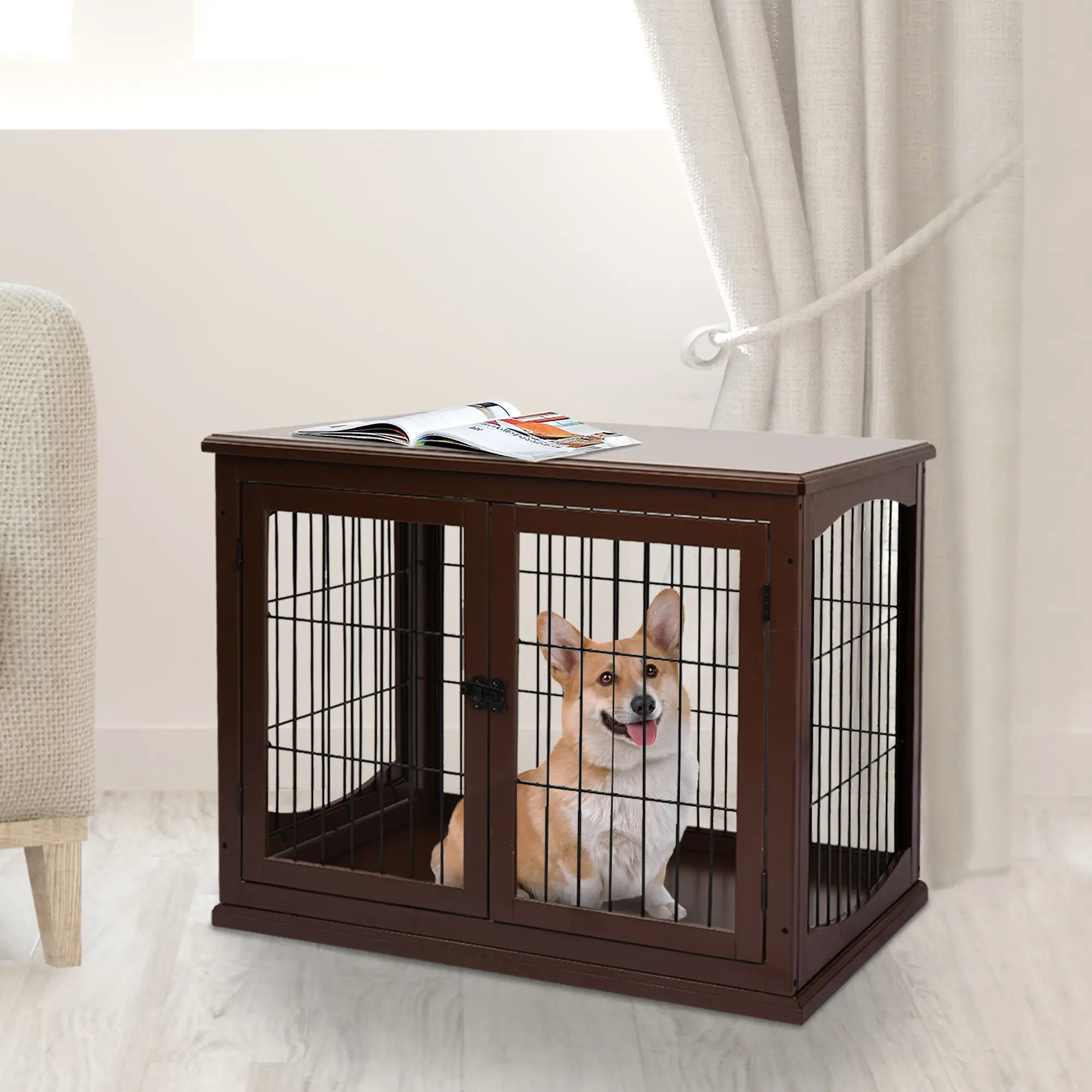 26" Wooden Dog Cage, Double Door, Modern Design, Brown - Image 2
