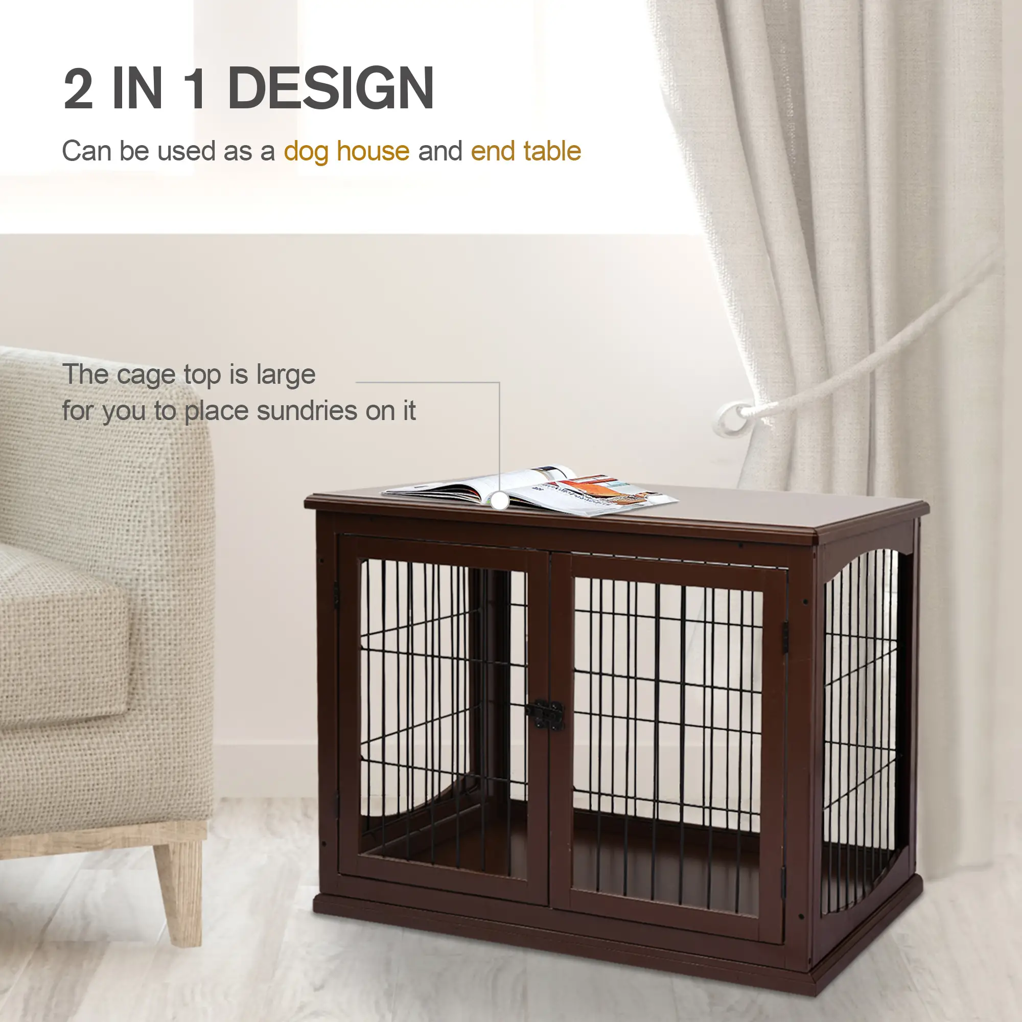26" Wooden Dog Cage, Double Door, Modern Design, Brown - Image 5