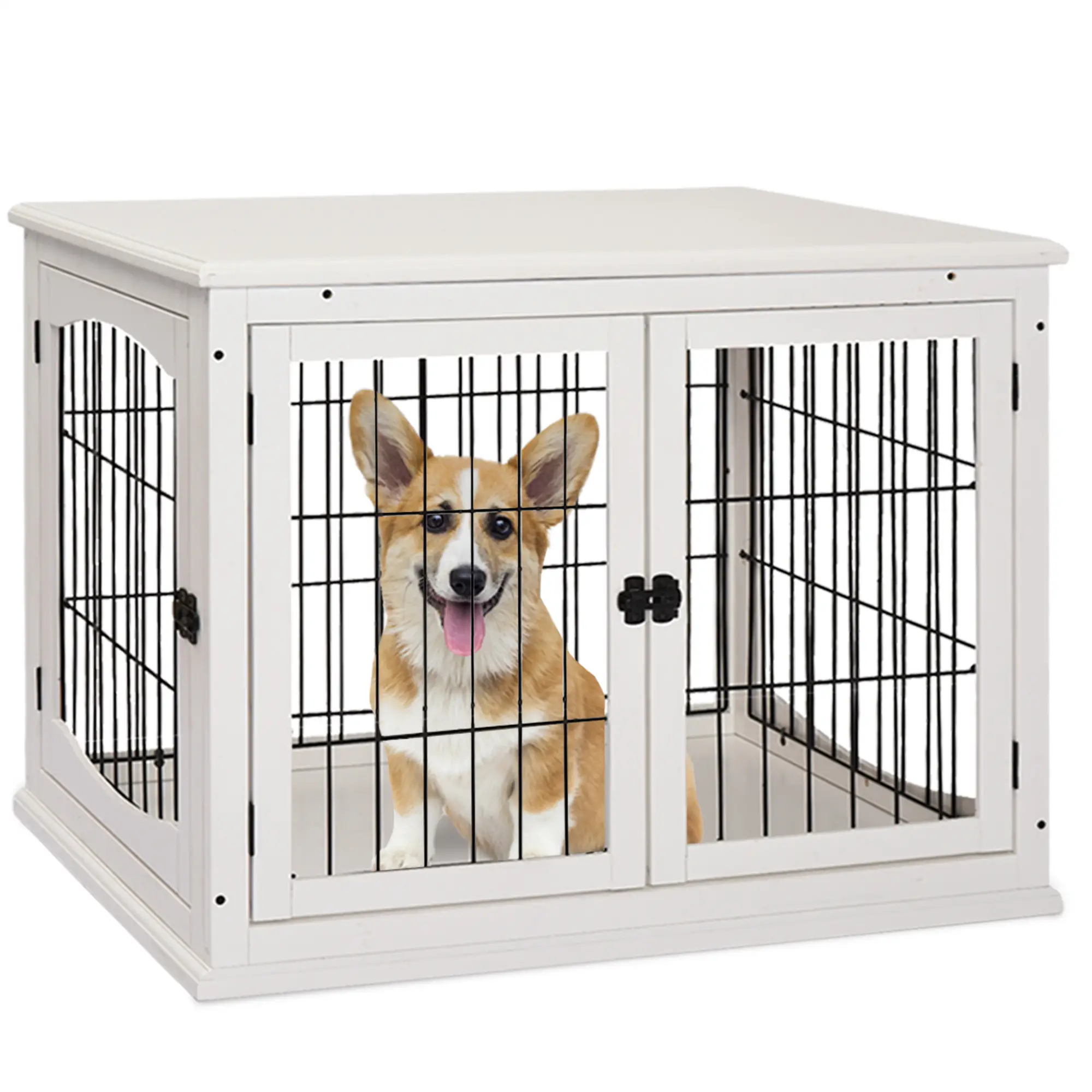 26" Wooden Dog Cage, Double Door, Modern Design, White