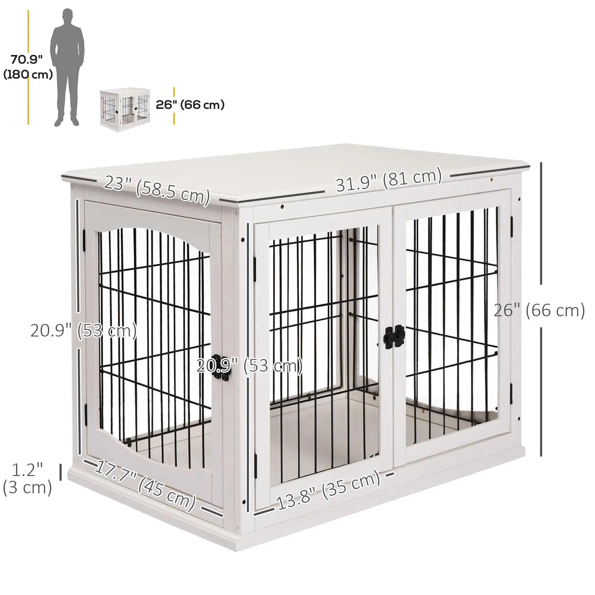 26" Wooden Dog Cage, Double Door, Modern Design, White - Image 3