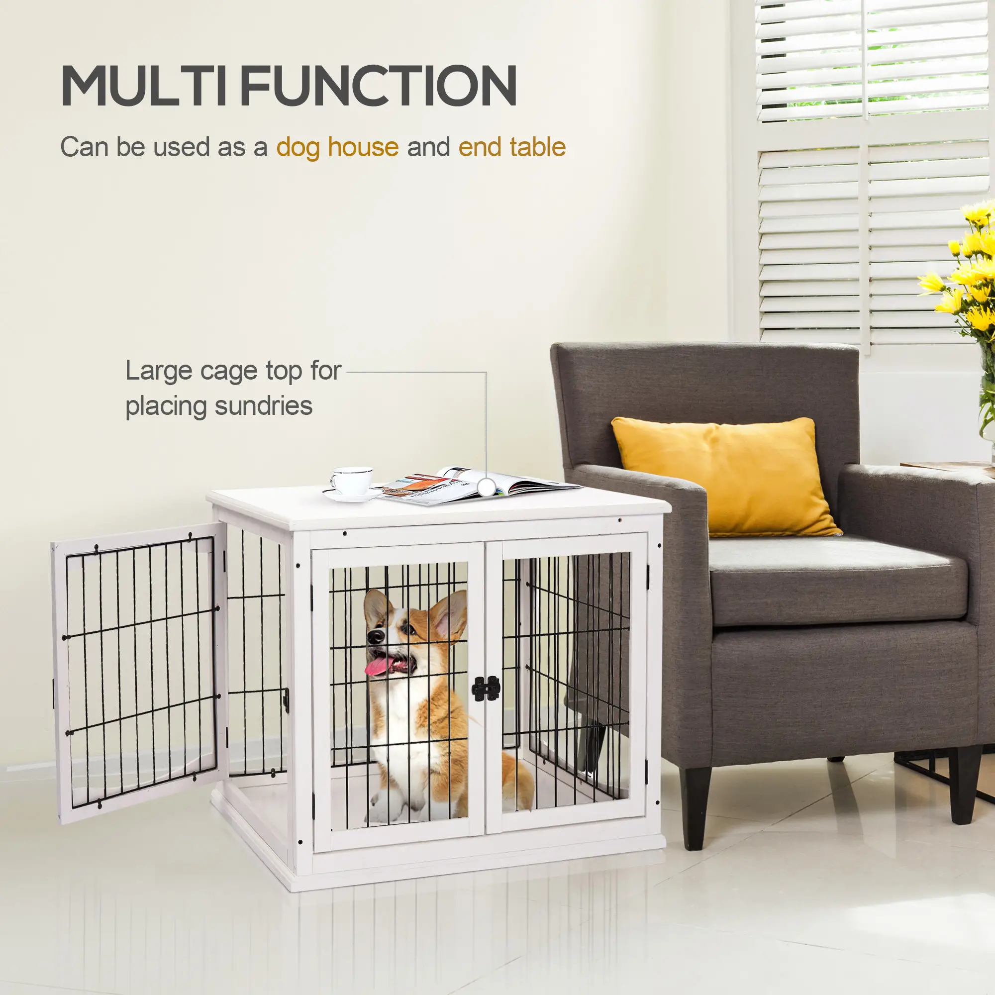 26" Wooden Dog Cage, Double Door, Modern Design, White - Image 5