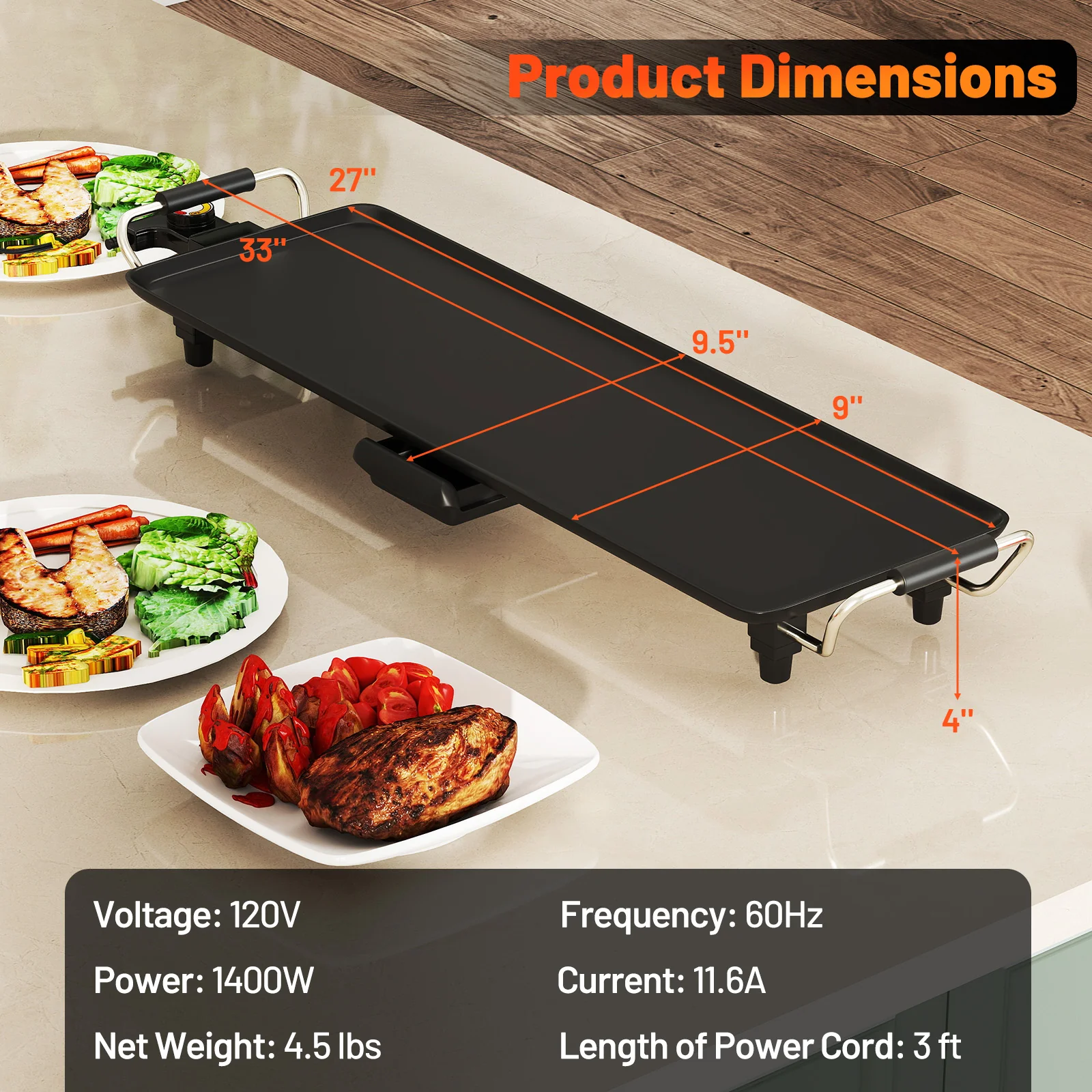 27 Inch Electric Griddle, Nonstick BBQ Grill, Adjustable Temperature, Black - Image 4