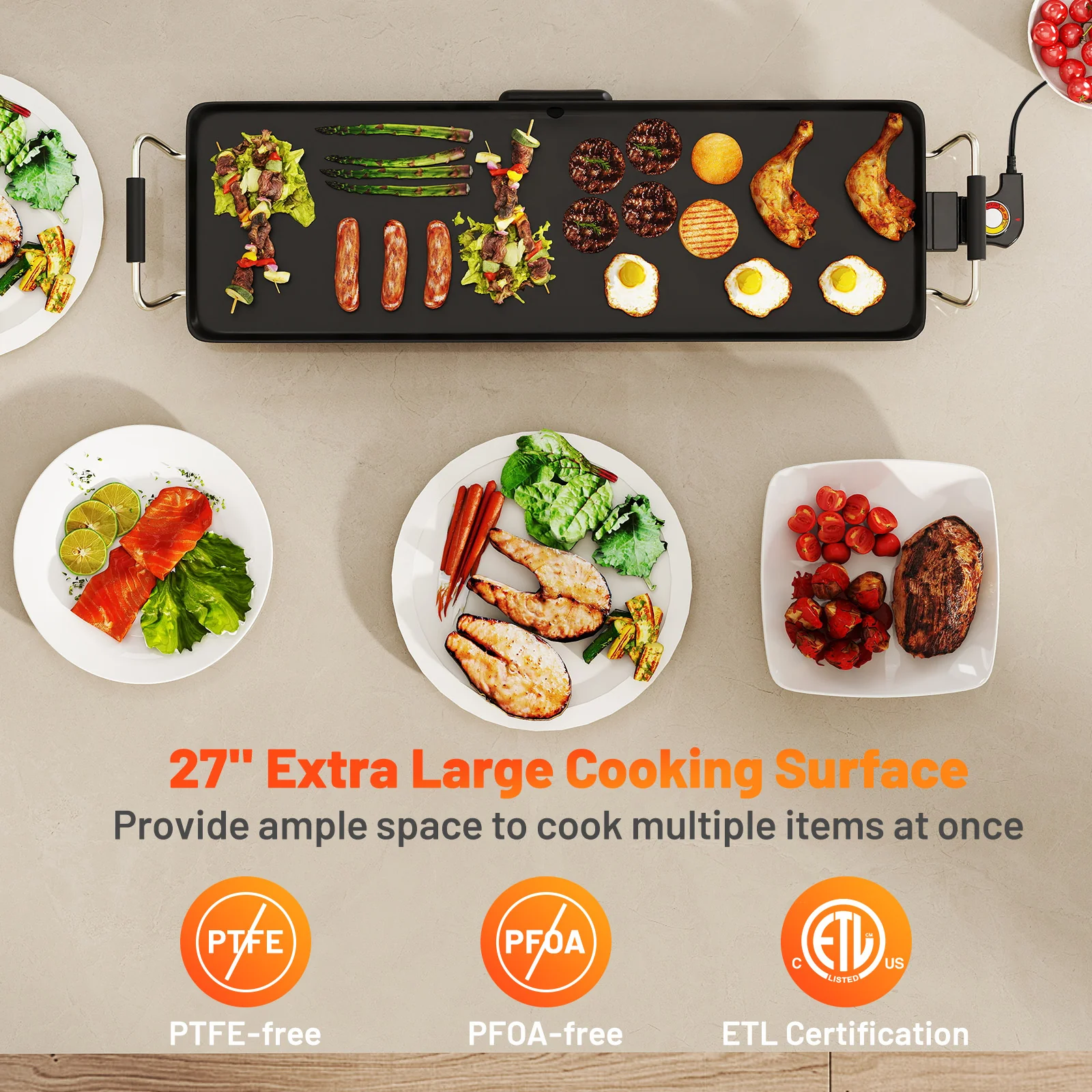 27 Inch Electric Griddle, Nonstick BBQ Grill, Adjustable Temperature, Black - Image 5