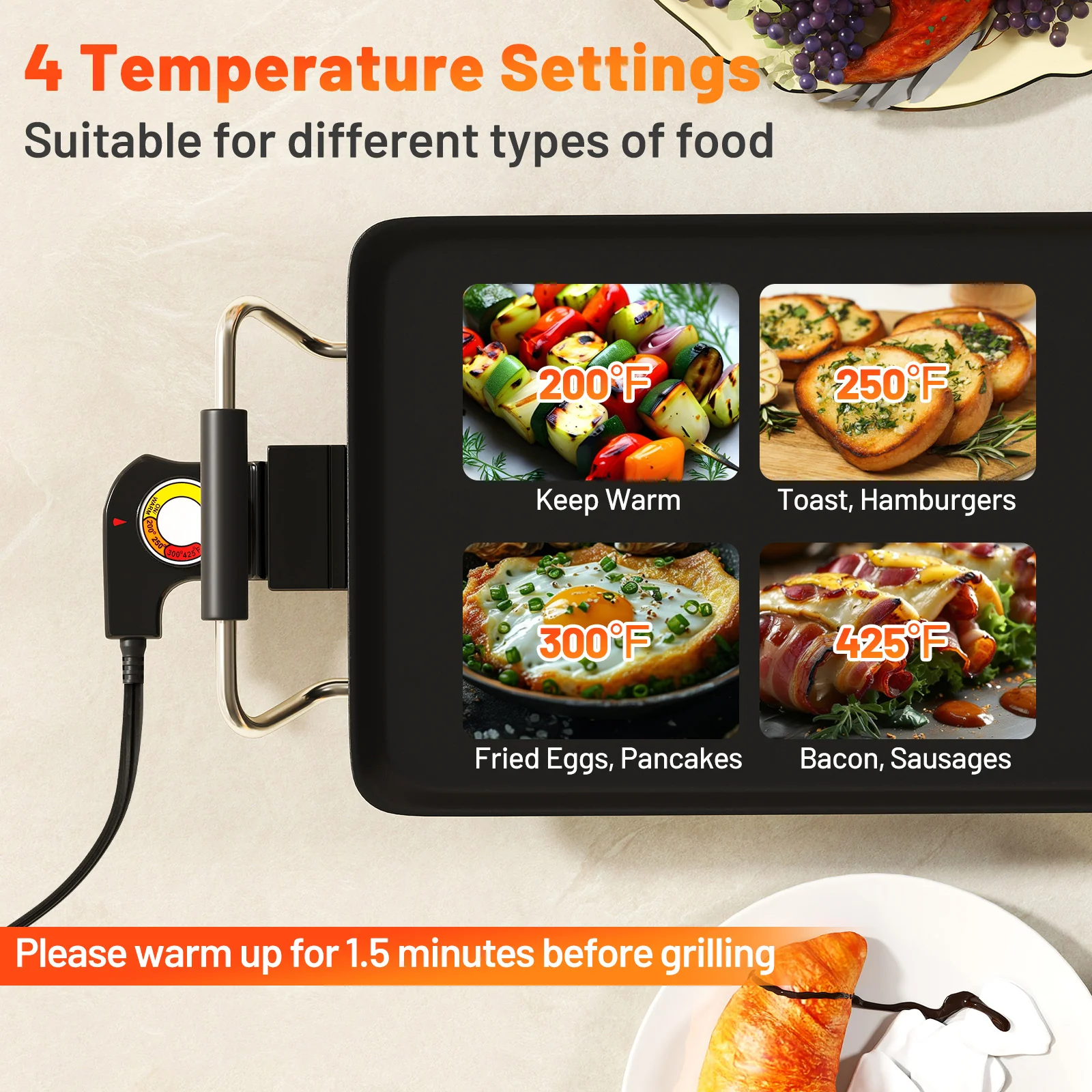 27 Inch Electric Griddle, Nonstick BBQ Grill, Adjustable Temperature, Black - Image 6