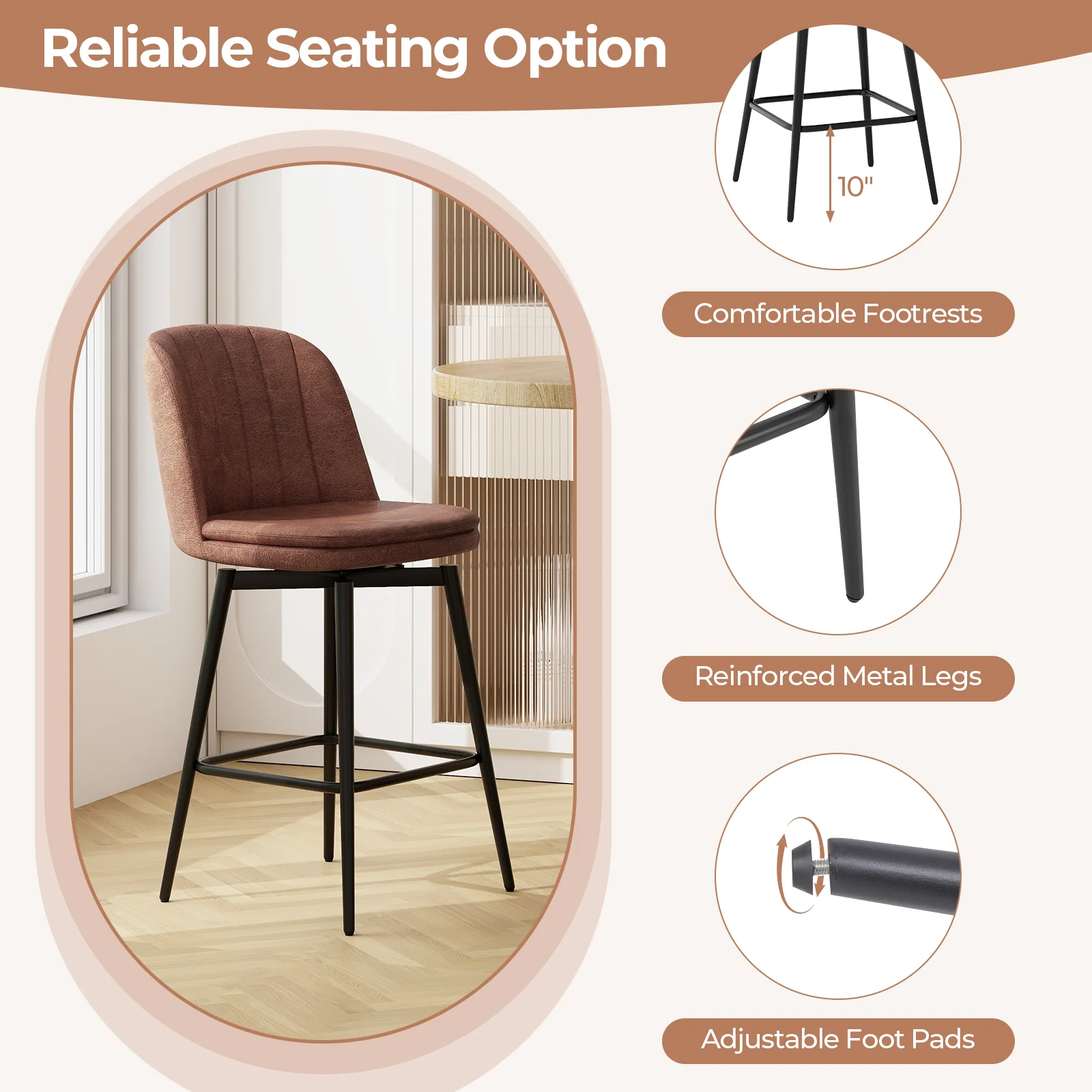 27 Inch Swivel Bar Stool Set, Counter Height, Padded Seat, And Brown, Black - Image 10